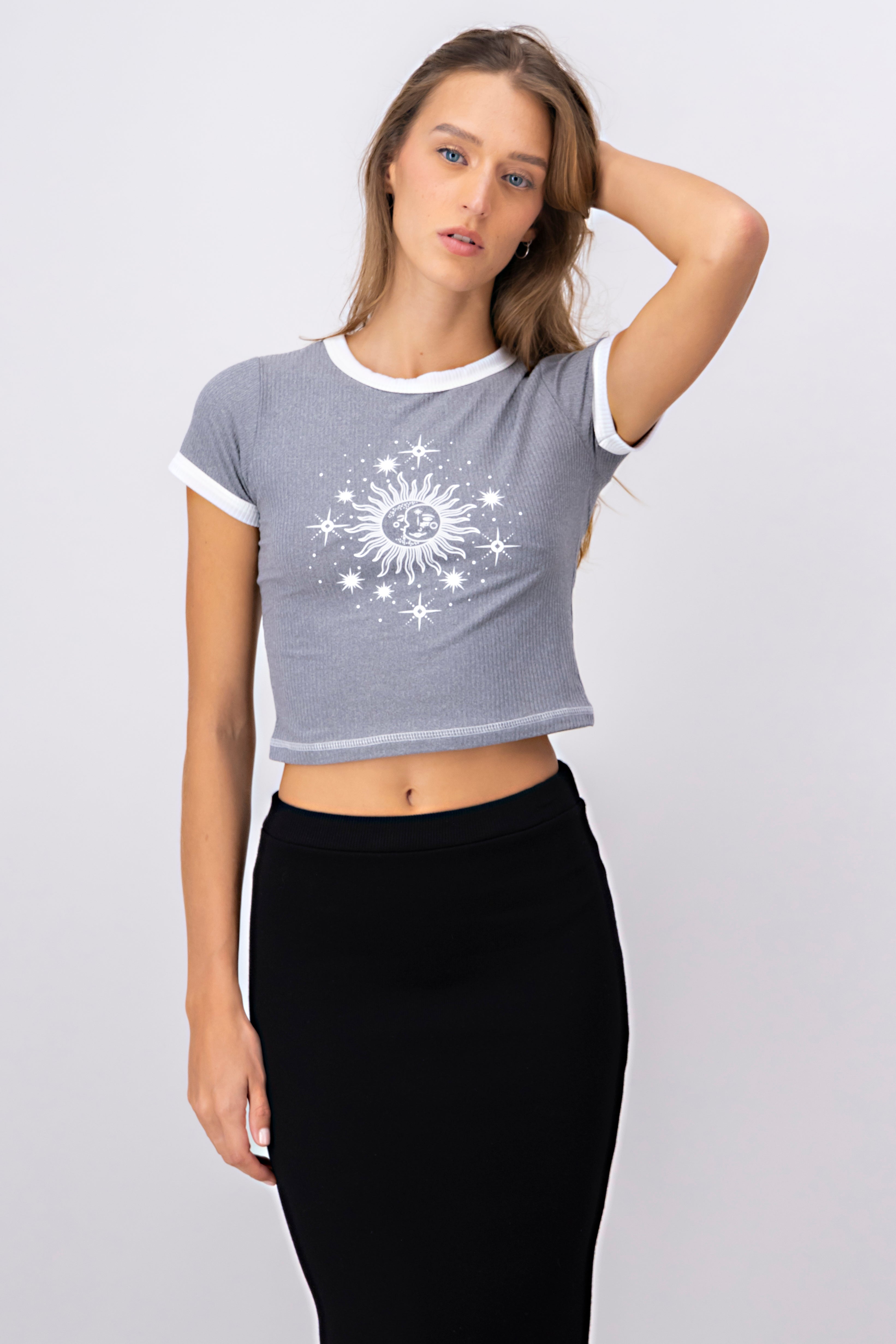 Sun and Moon Print Short Sleeved Top GRAY