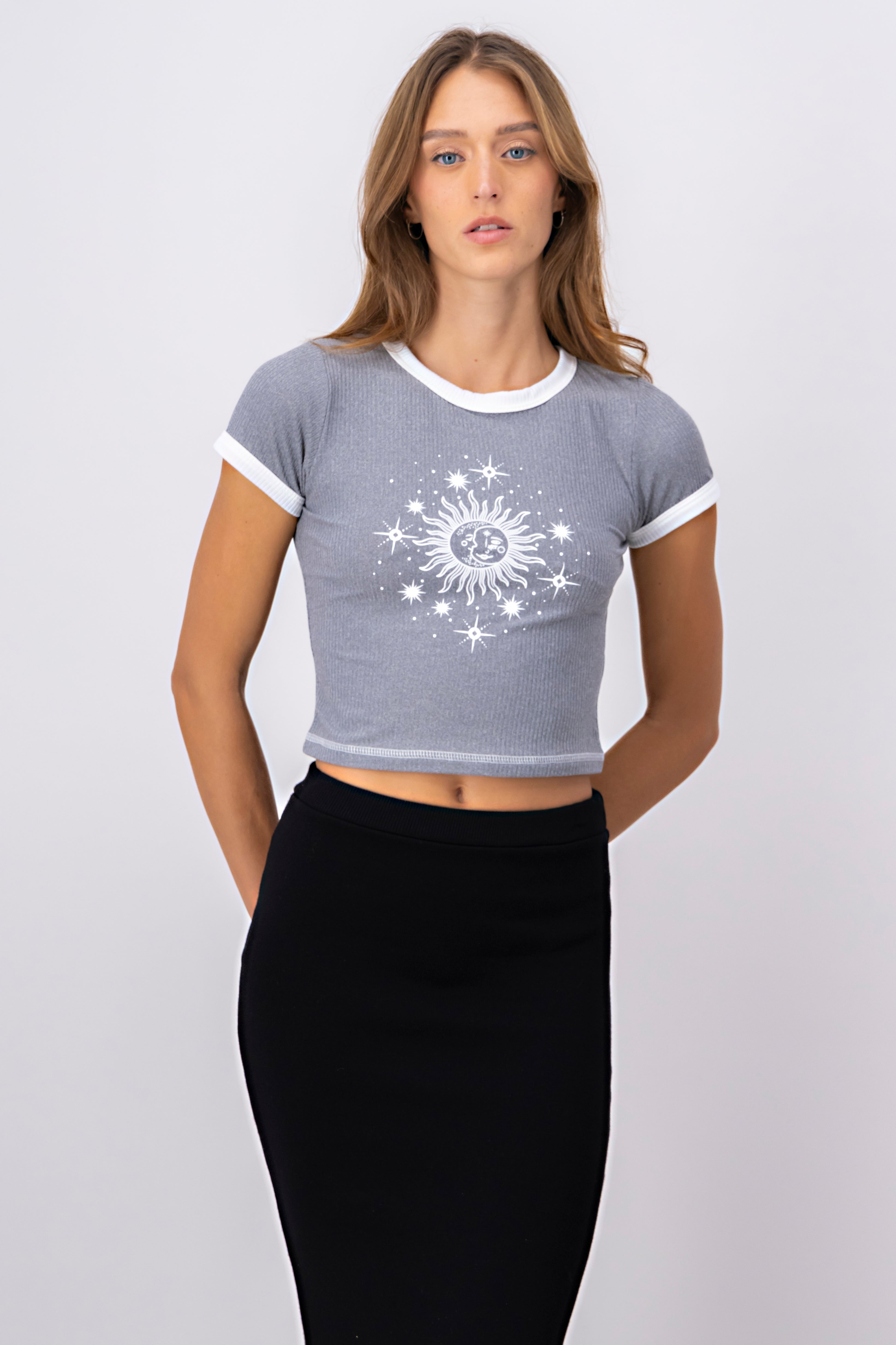 Sun and Moon Print Short Sleeved Top GRAY