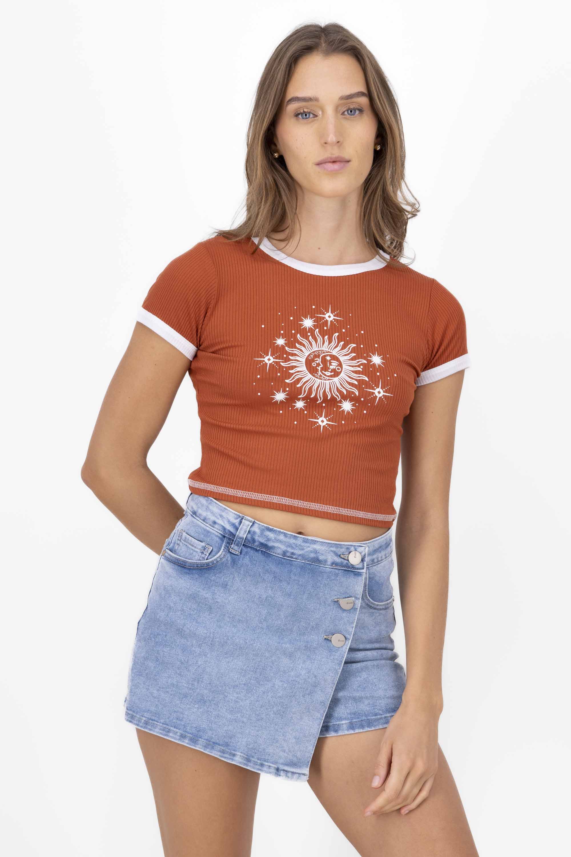 Sun and Moon Print Short Sleeved Top BRICK RED