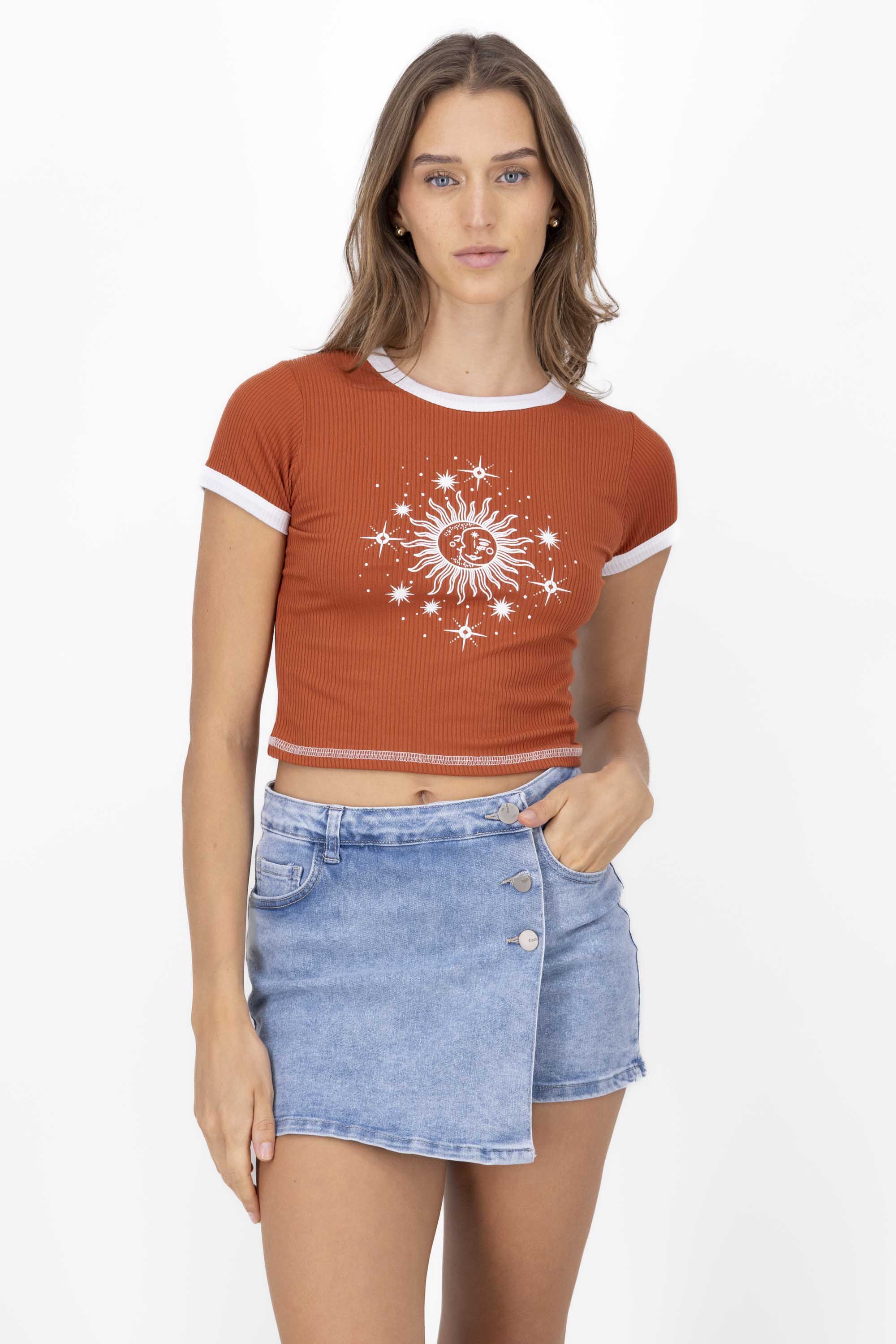 Sun and Moon Print Short Sleeved Top BRICK RED