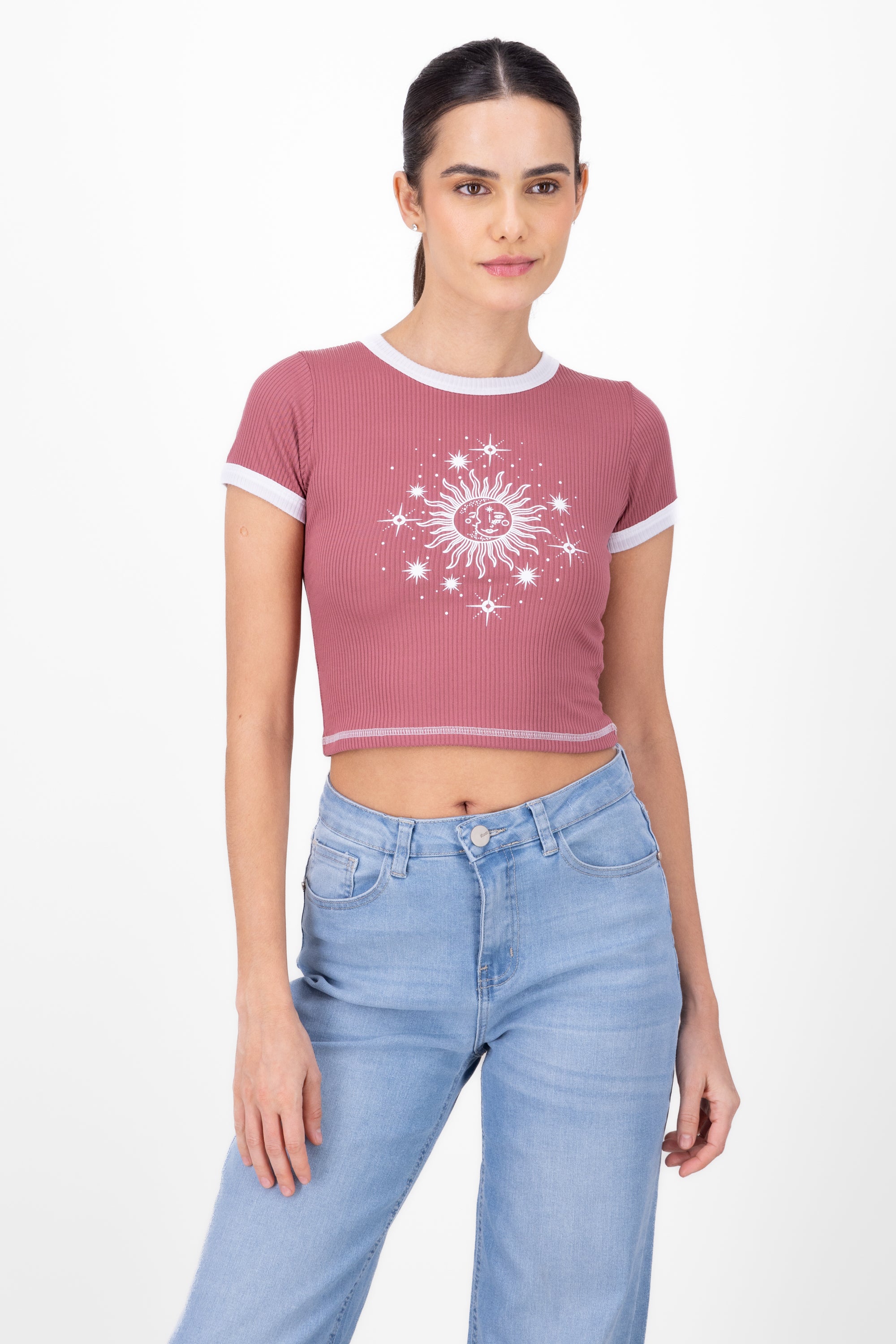 Sun and Moon Print Short Sleeved Top MAUVE