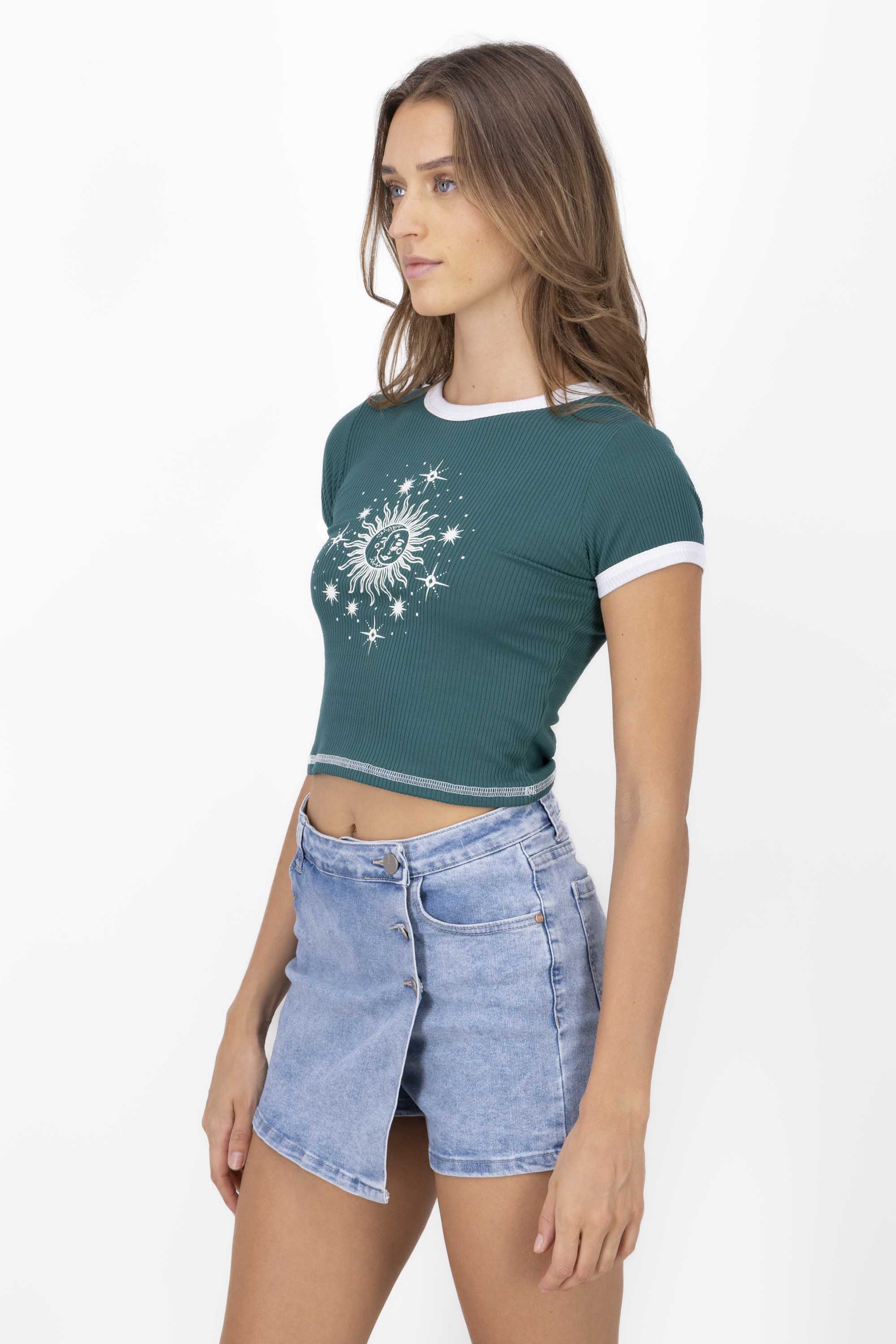 Sun and Moon Print Short Sleeved Top FOREST GREEN