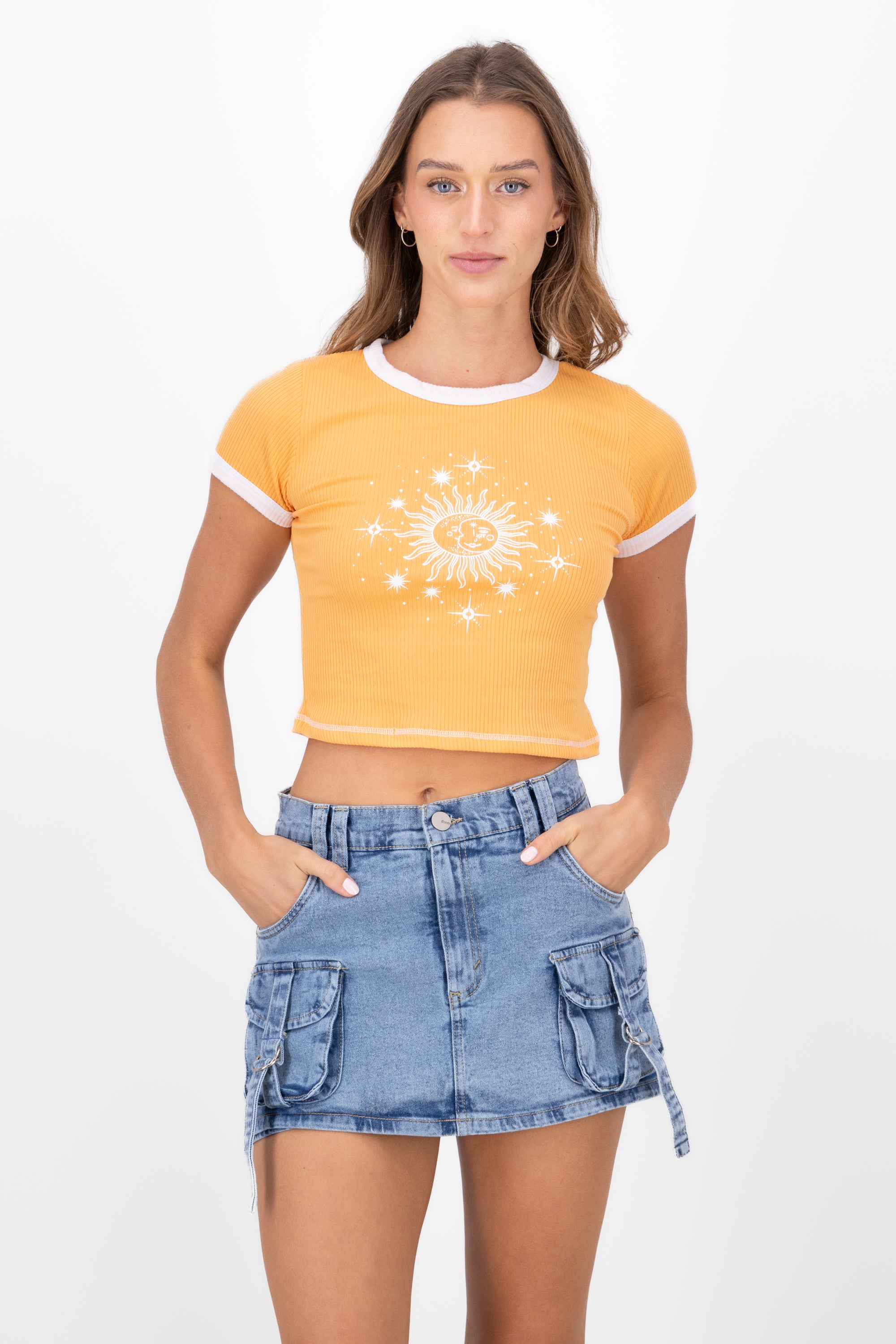 Sun and Moon Print Short Sleeved Top TANGERINE