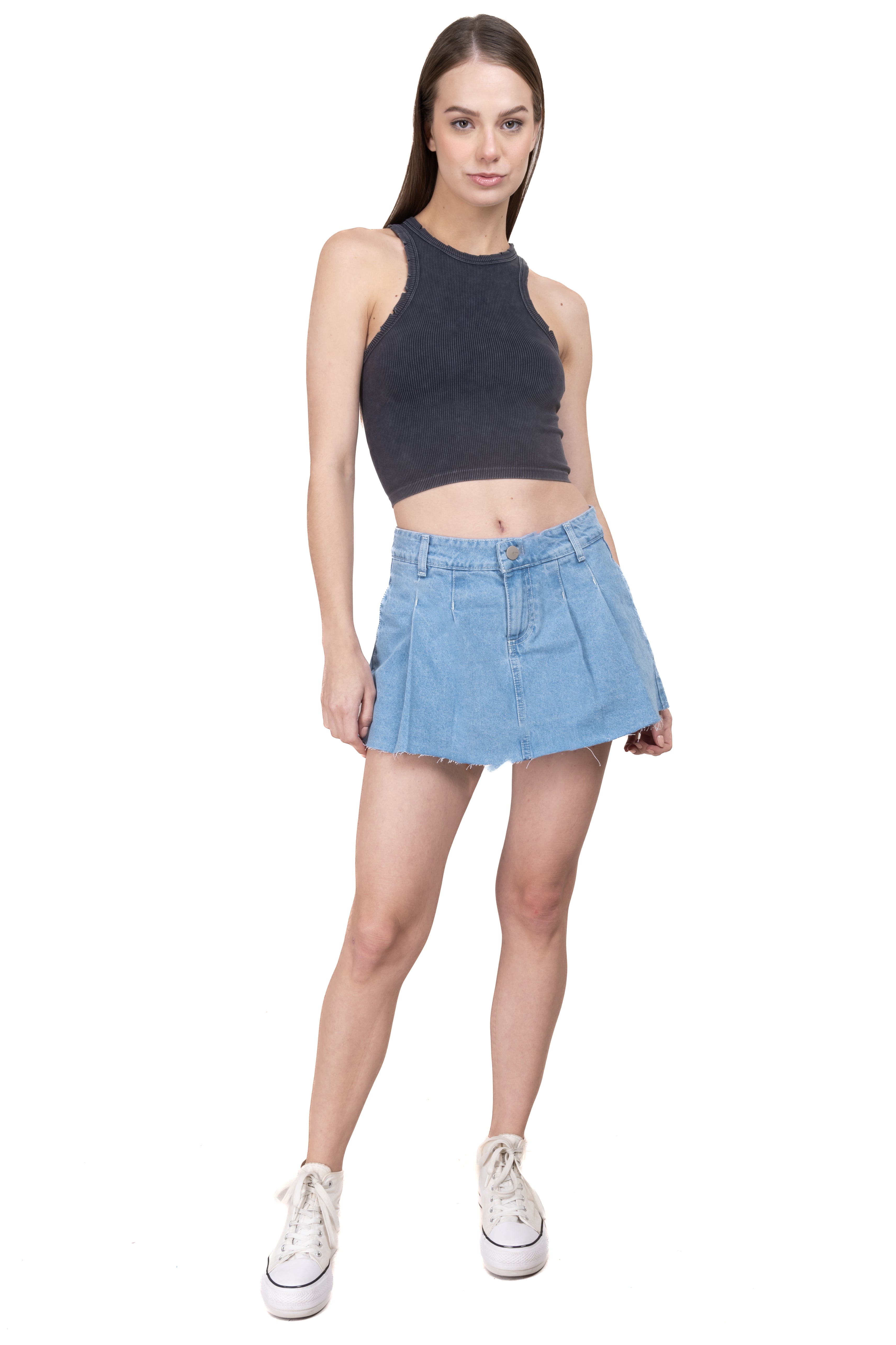 Pleated denim mini skirt LIGHT STONE