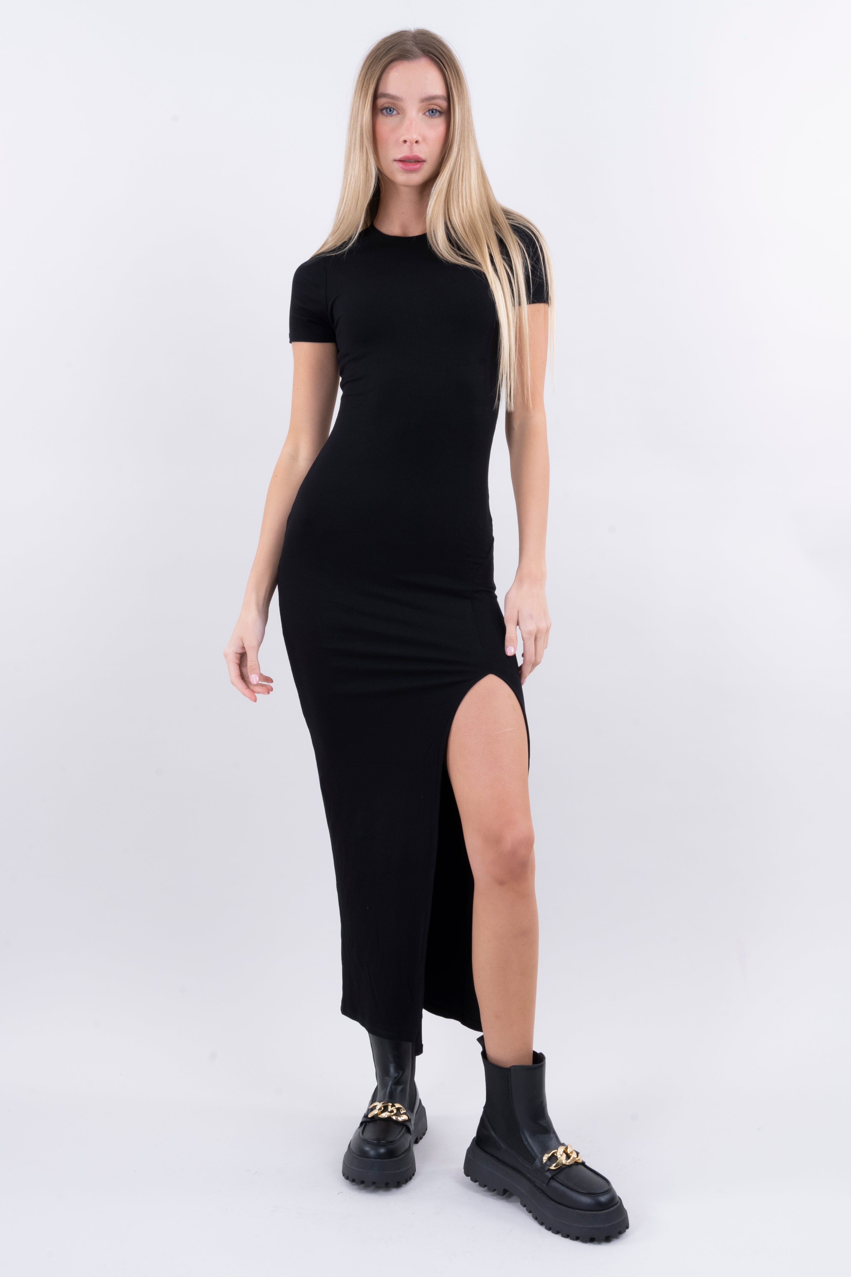 Short Sleeve Maxi Dress Side Slit BLACK