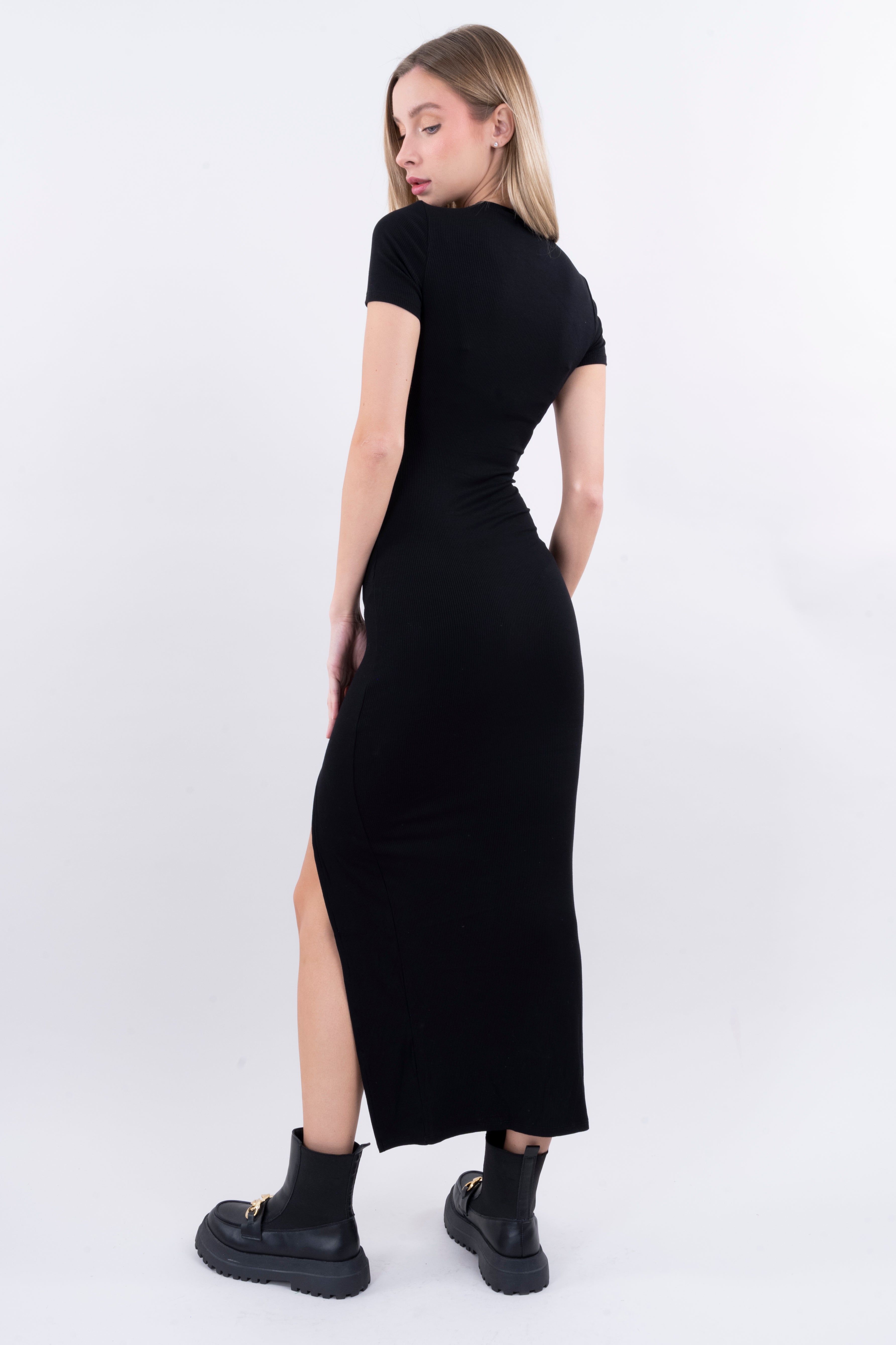 Short Sleeve Maxi Dress Side Slit BLACK