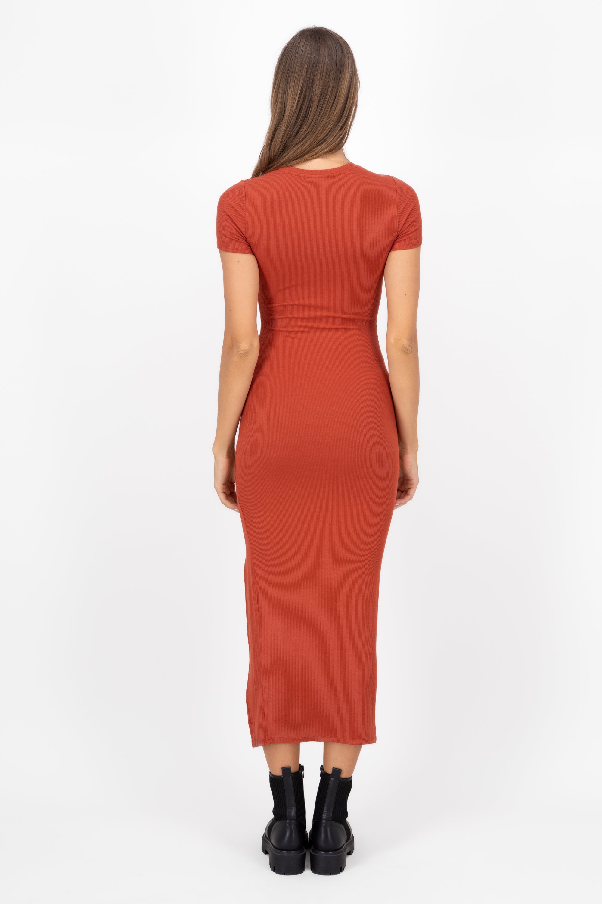 Short Sleeve Maxi Dress Side Slit BRICK RED