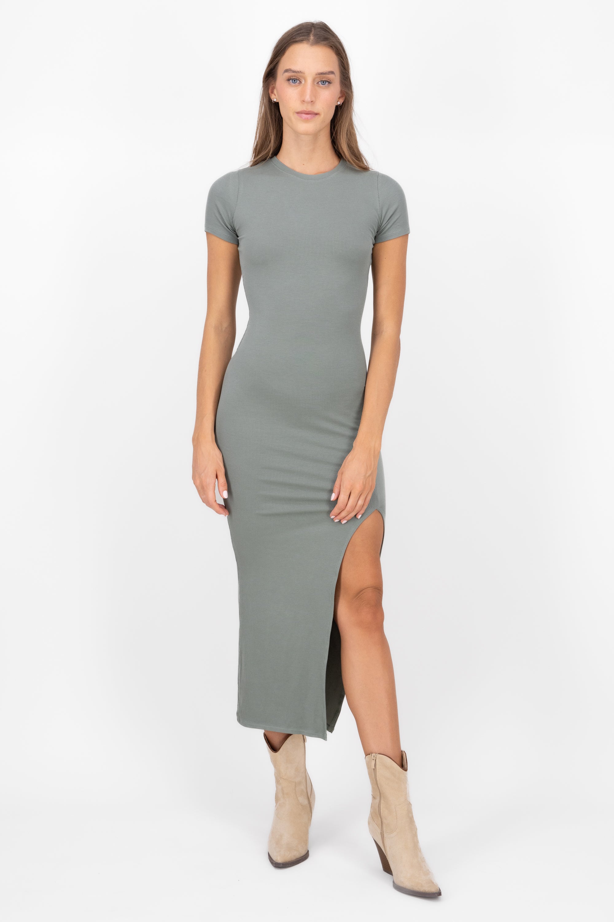 Short Sleeve Maxi Dress Side Slit SAGE