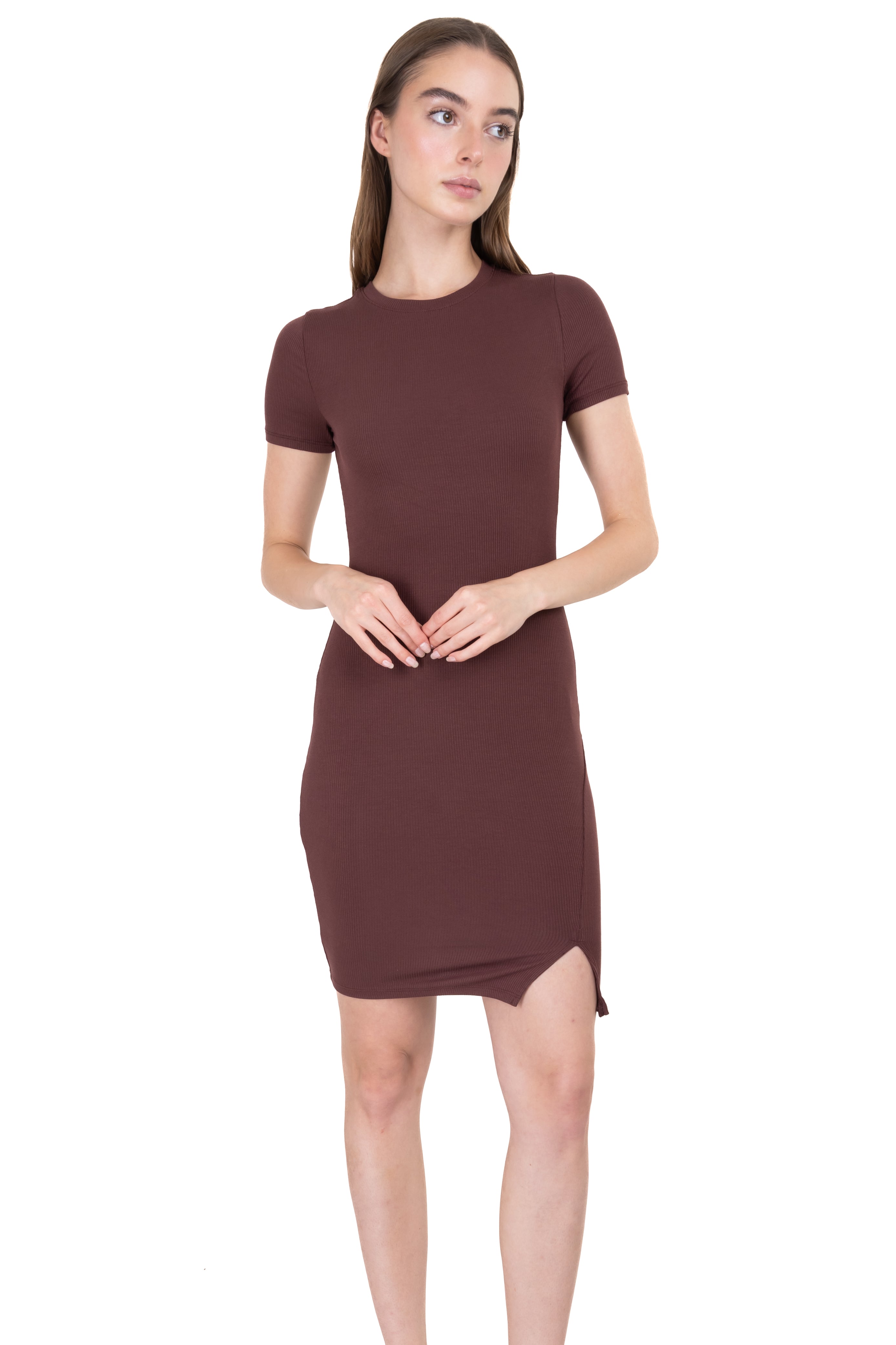 Short Sleeve Mini Dress Side Slit CHOCOLATE