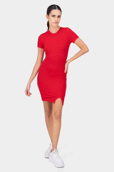 Short Sleeve Mini Dress Side Slit BURNT RED