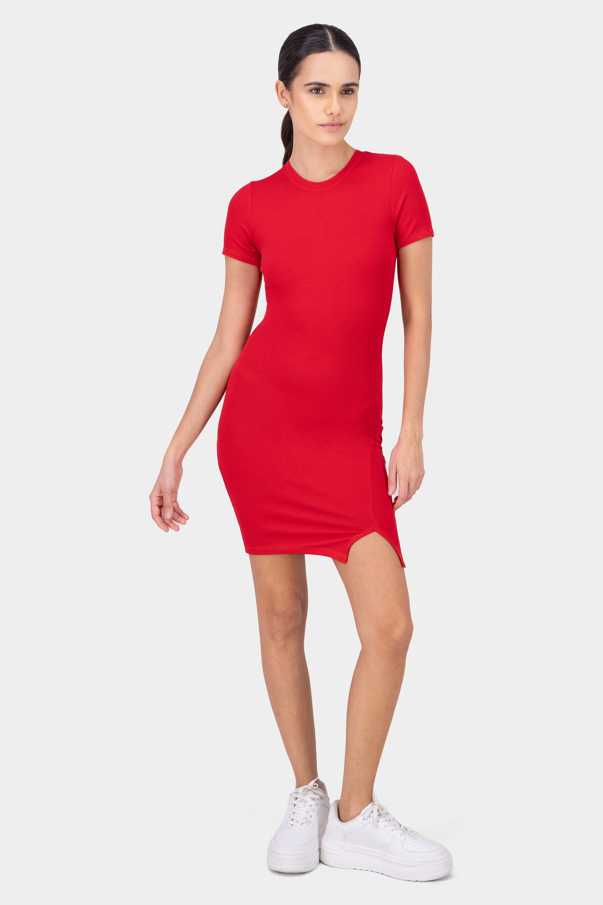 Short Sleeve Mini Dress Side Slit BURNT RED