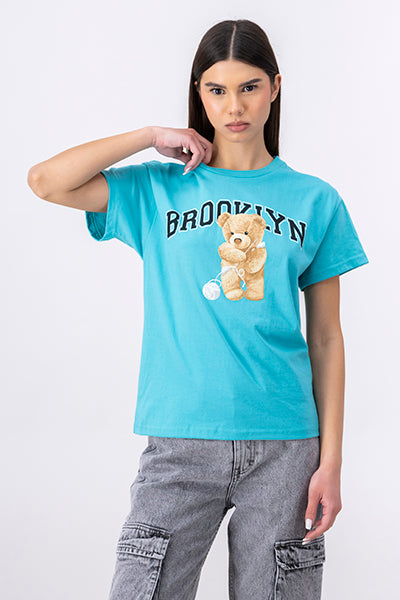 Brooklyn bear print tshirt BRIGHT TURQUOISE