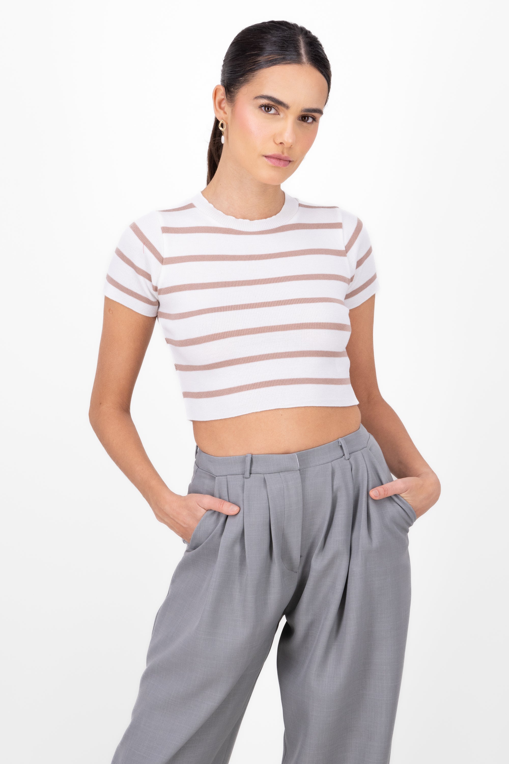 Striped Print Short Sleeve Knit Crop Top NUDE