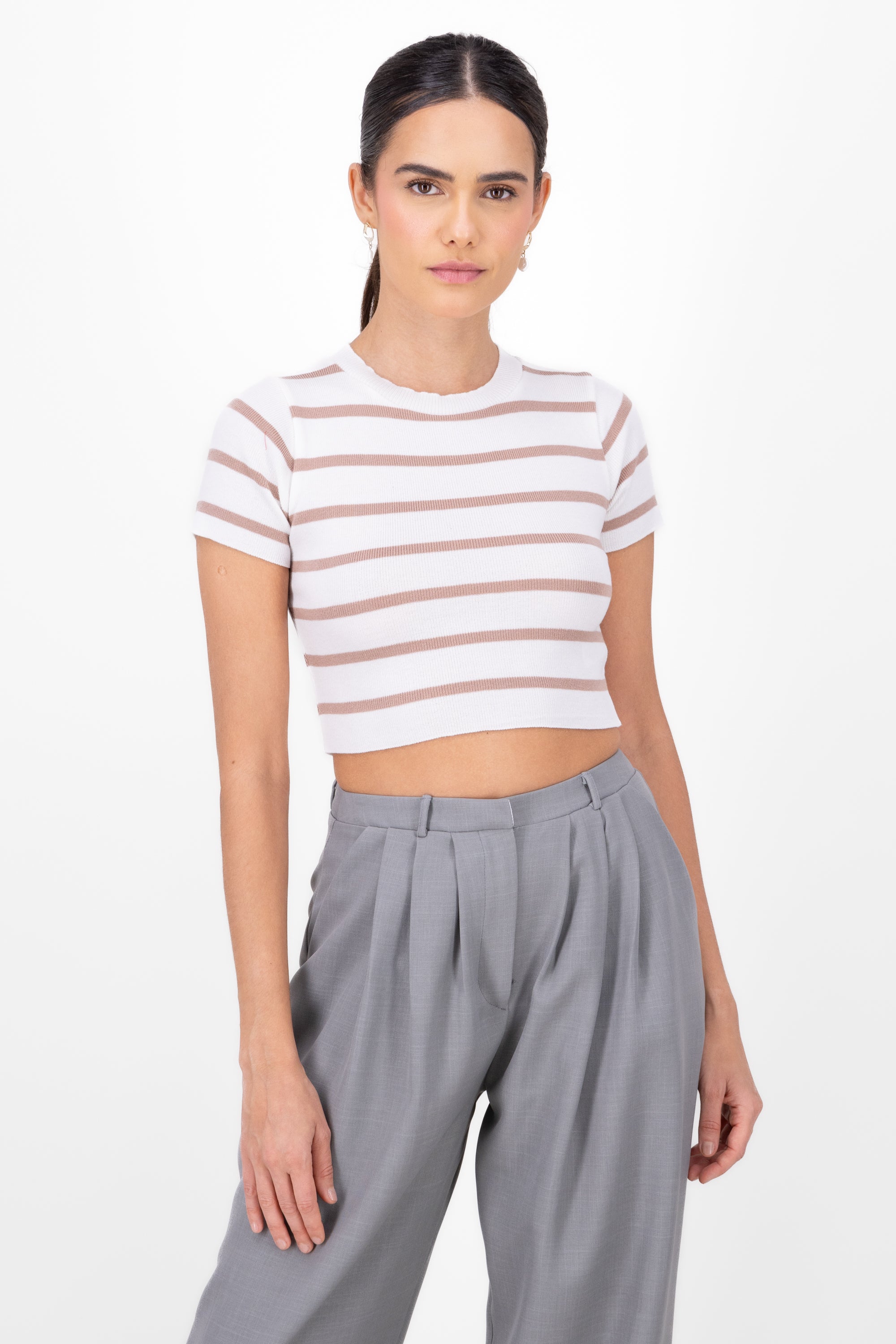 Striped Print Short Sleeve Knit Crop Top NUDE