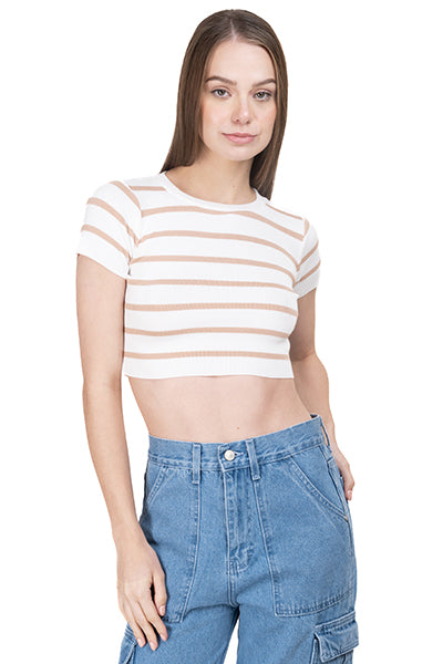 Striped Print Short Sleeve Knit Crop Top SAND