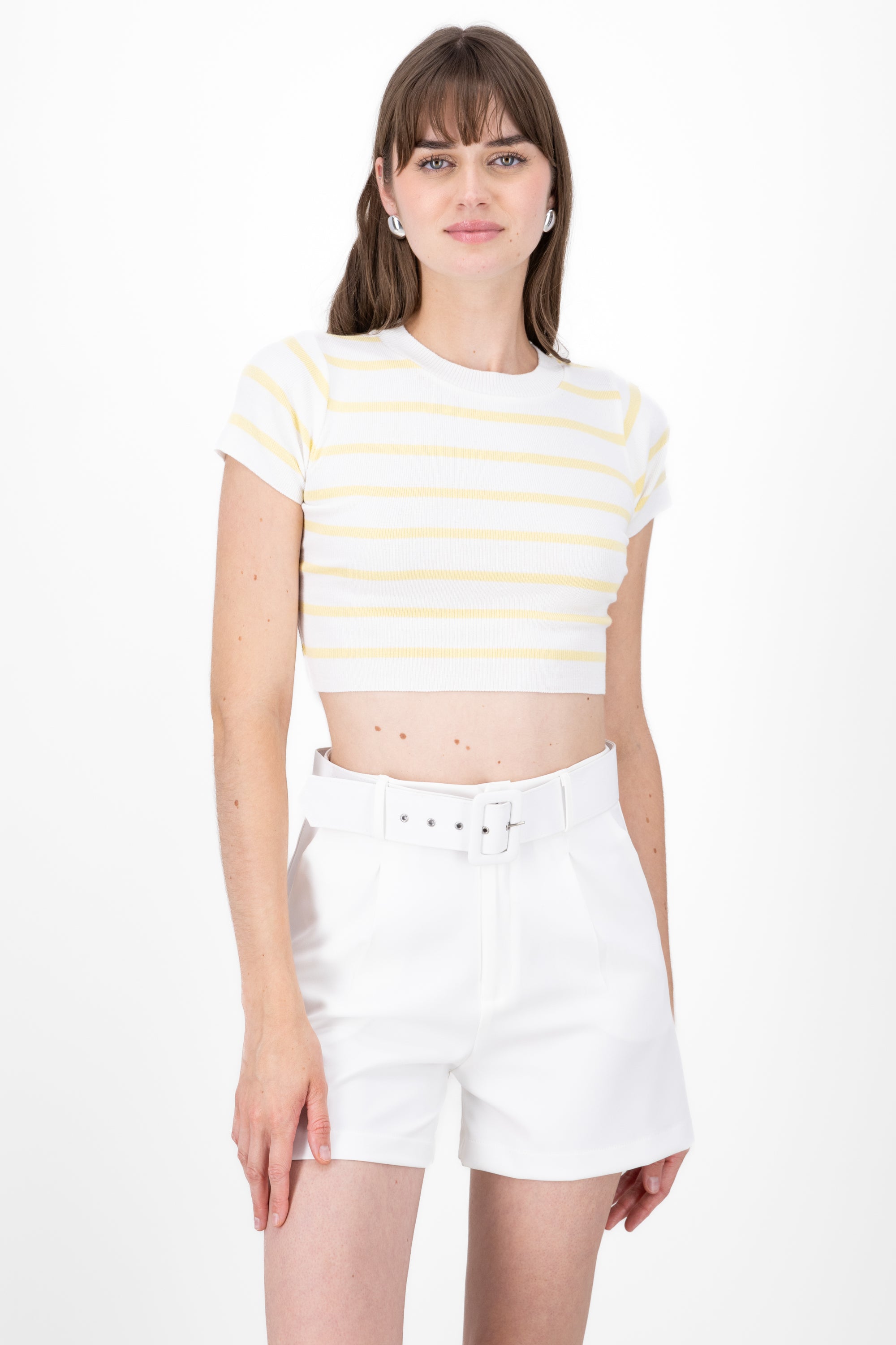 Striped Print Short Sleeve Knit Crop Top PASTEL YELLOW