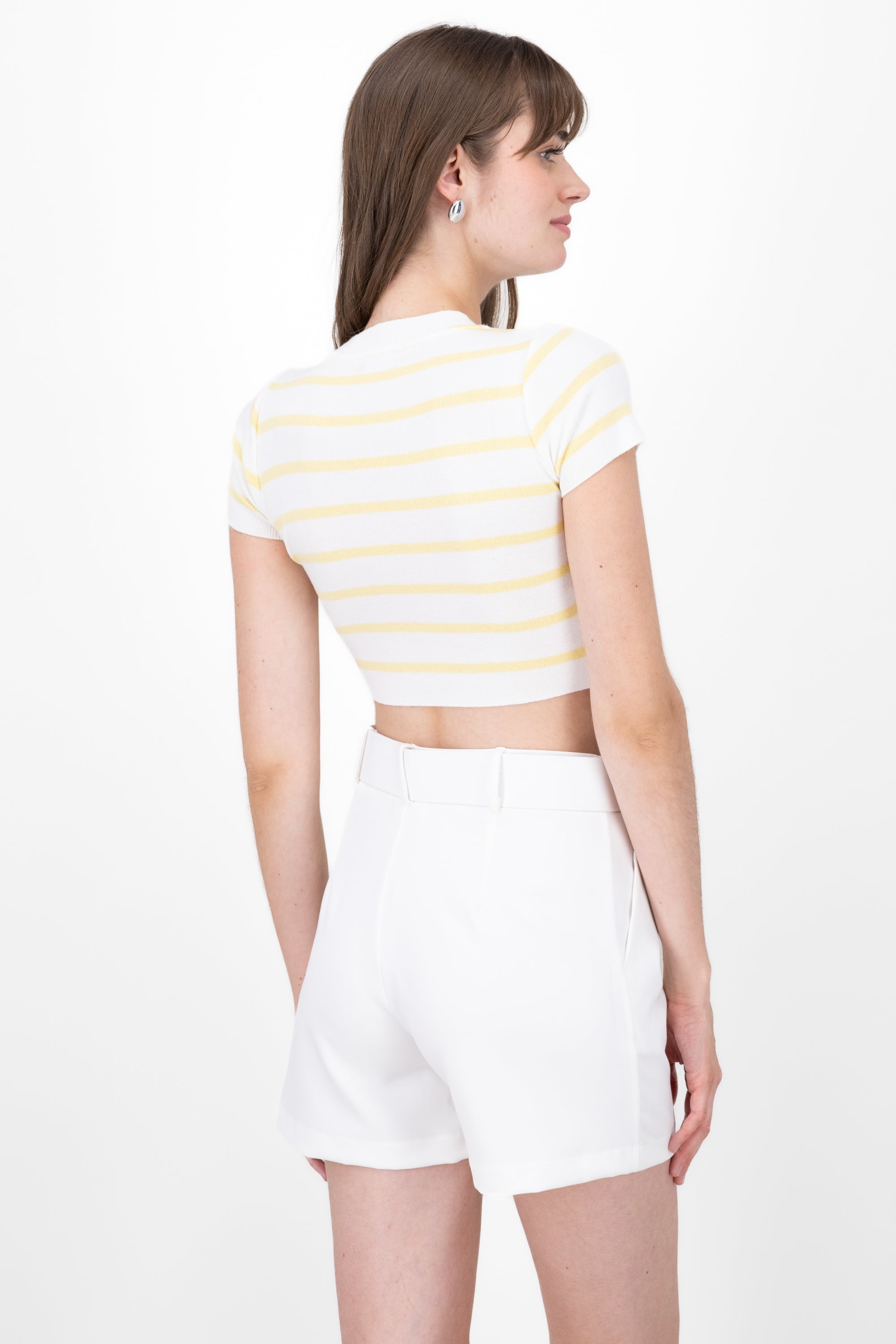 Striped Print Short Sleeve Knit Crop Top PASTEL YELLOW