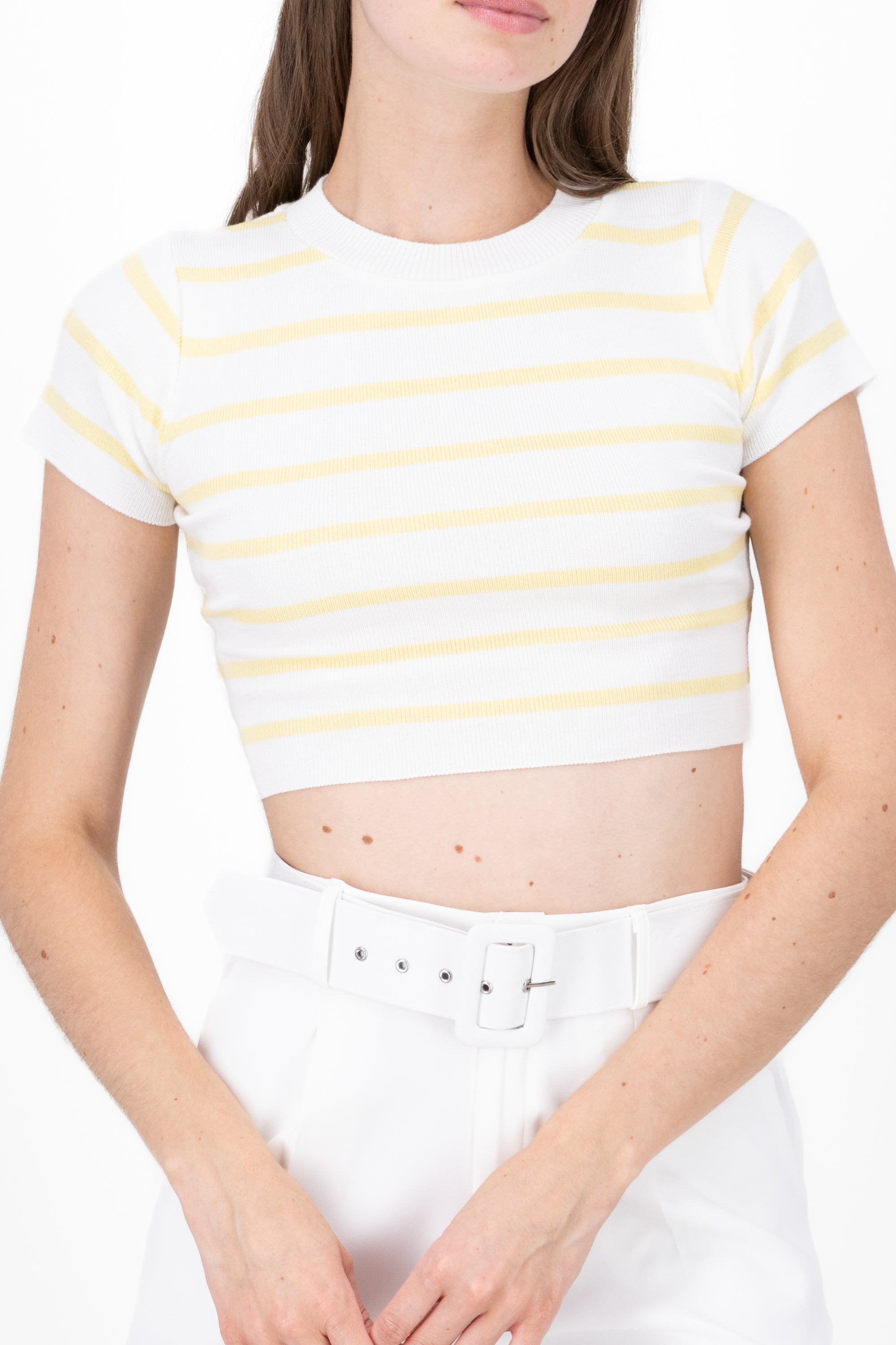 Striped Print Short Sleeve Knit Crop Top PASTEL YELLOW