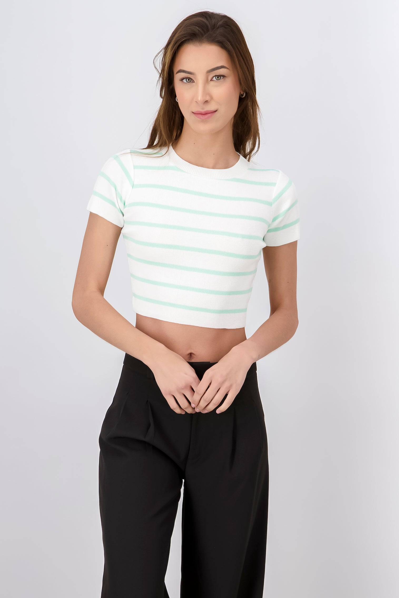 Striped Print Short Sleeve Knit Crop Top TURQUOISE