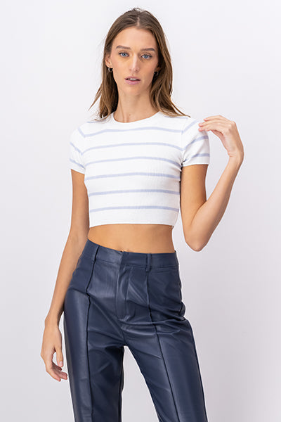 Striped Print Short Sleeve Knit Crop Top SKY BLUE