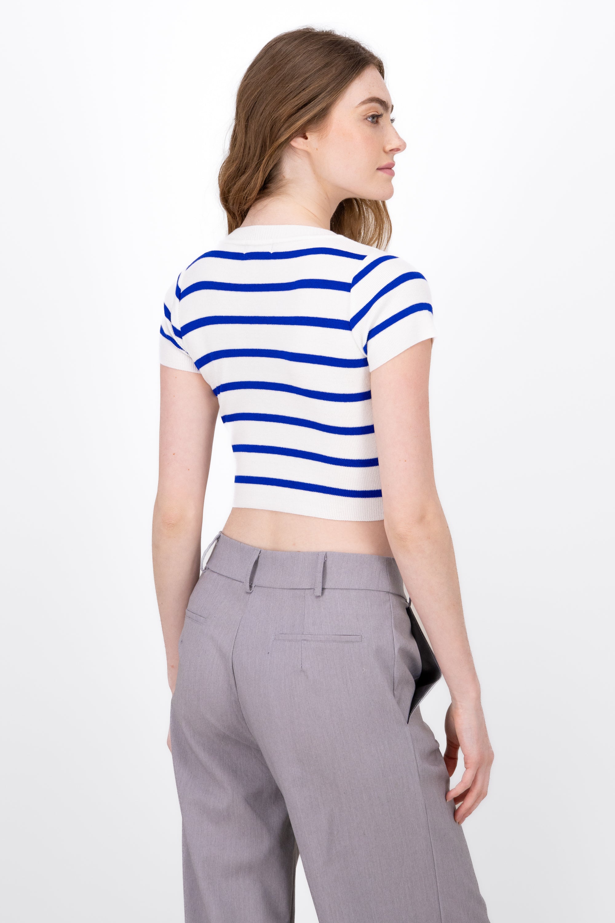 Striped Print Short Sleeve Knit Crop Top ROYAL BLUE