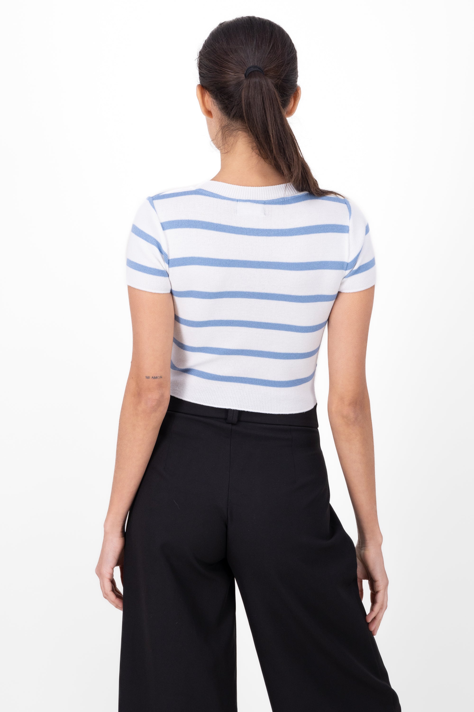 Striped Print Short Sleeve Knit Crop Top PASTEL BLUE