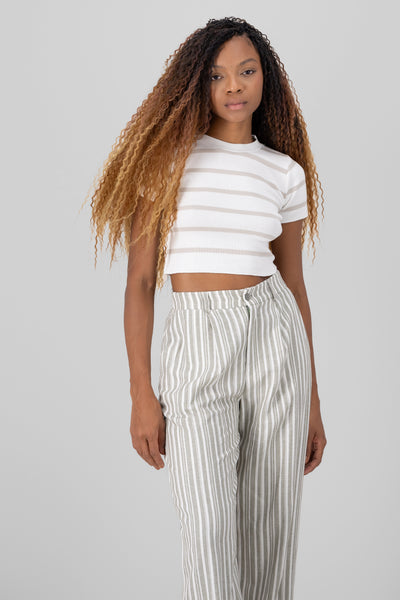 Striped Print Short Sleeve Knit Crop Top 