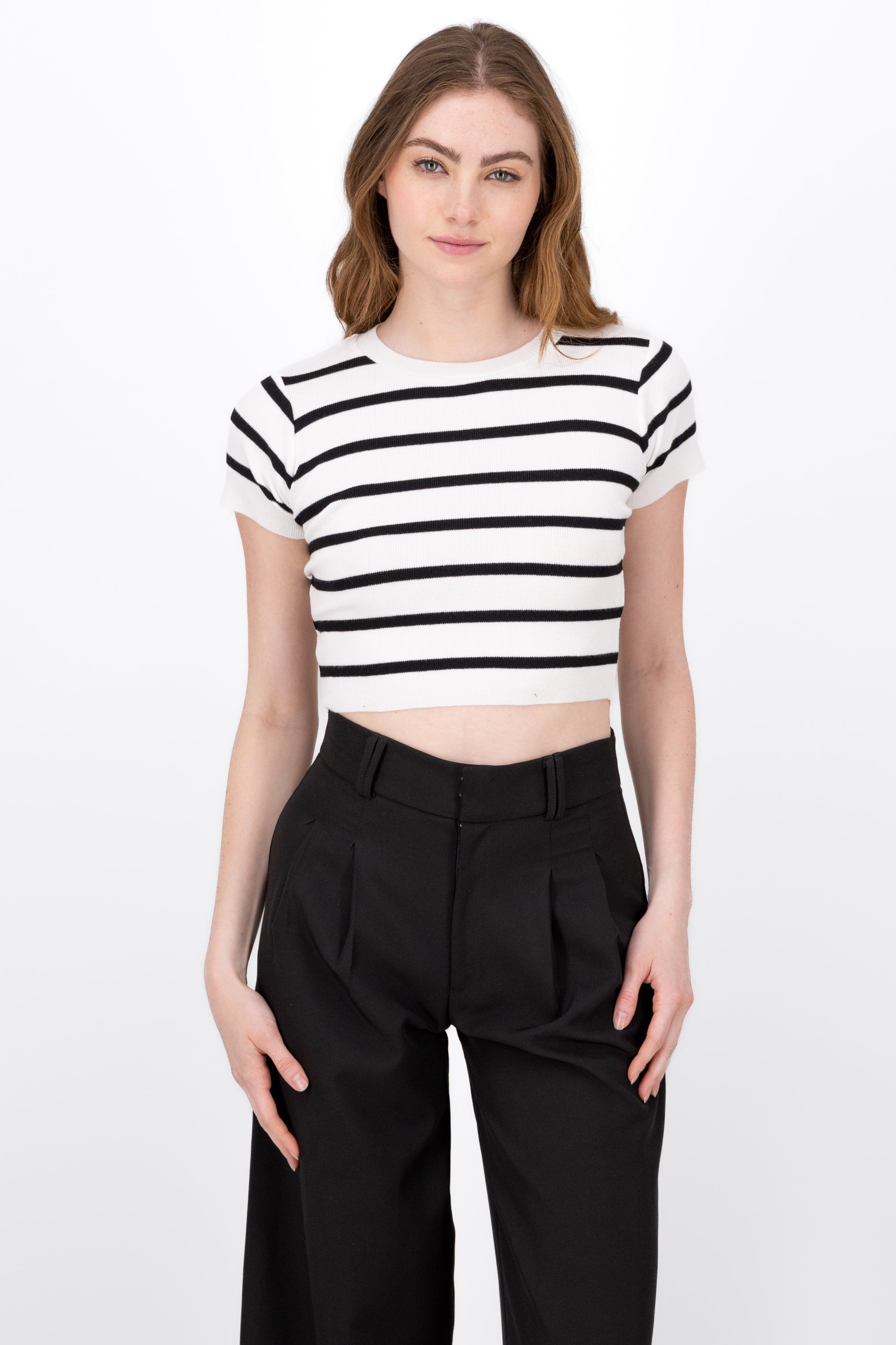 Striped Print Short Sleeve Knit Crop Top BLACK