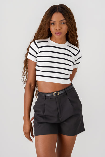 Striped Print Short Sleeve Knit Crop Top BLACK