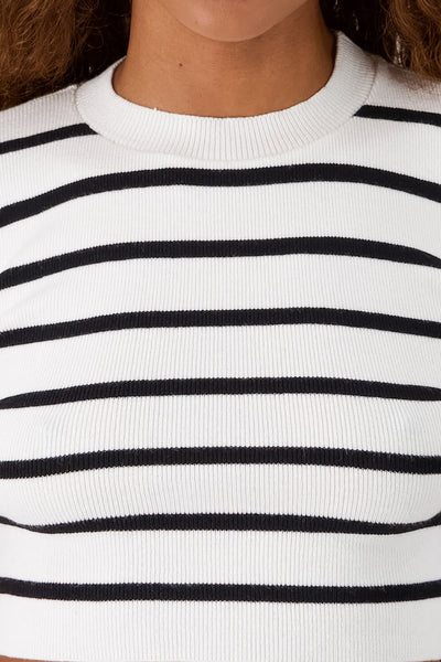 Striped Print Short Sleeve Knit Crop Top BLACK