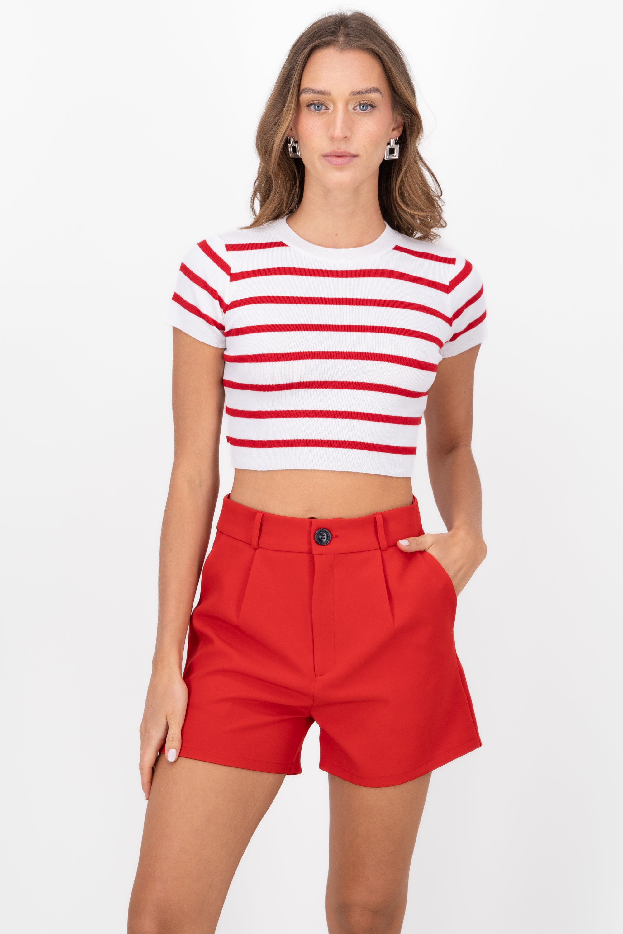 Striped Print Short Sleeve Knit Crop Top RED COMBO