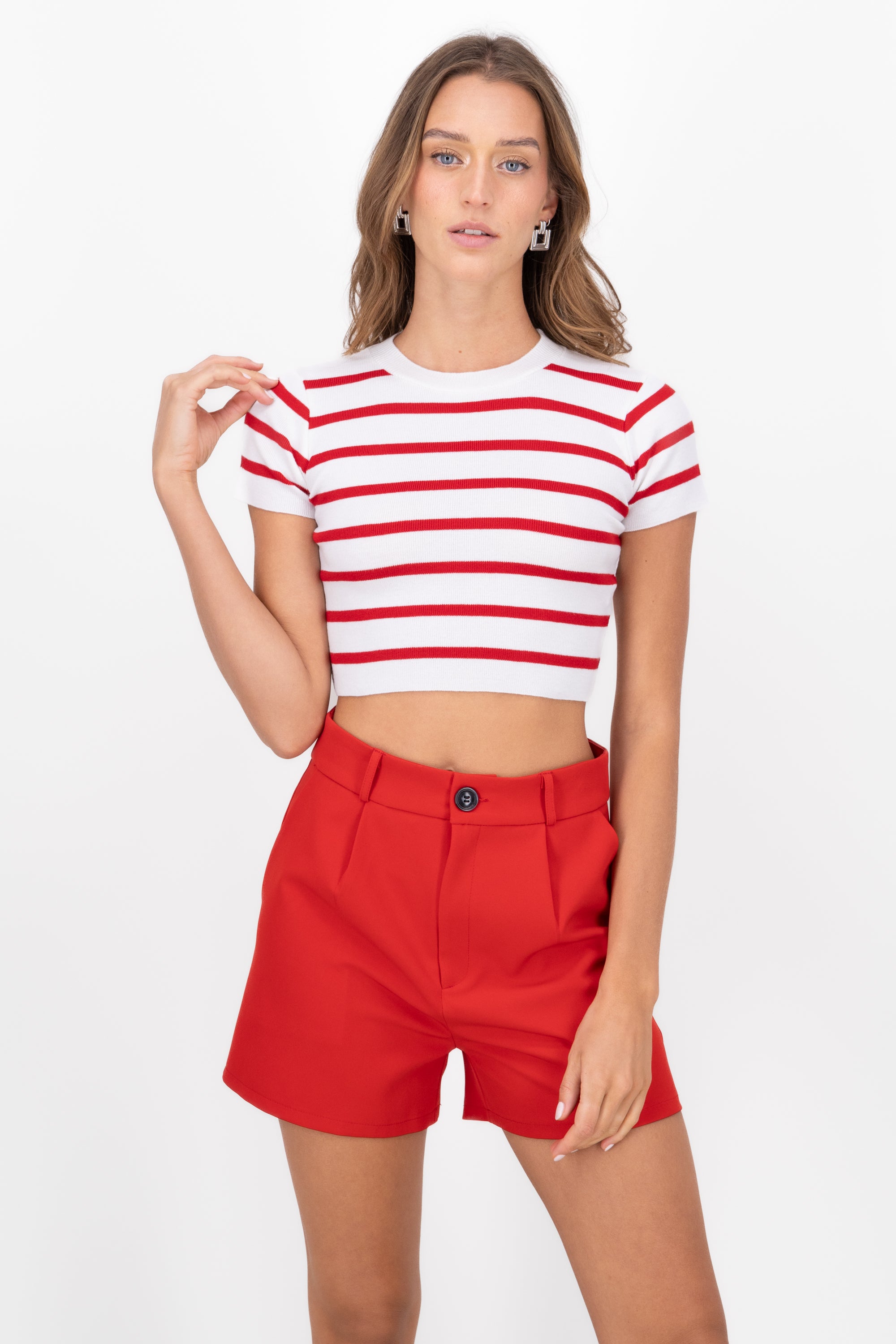 Striped Print Short Sleeve Knit Crop Top RED COMBO