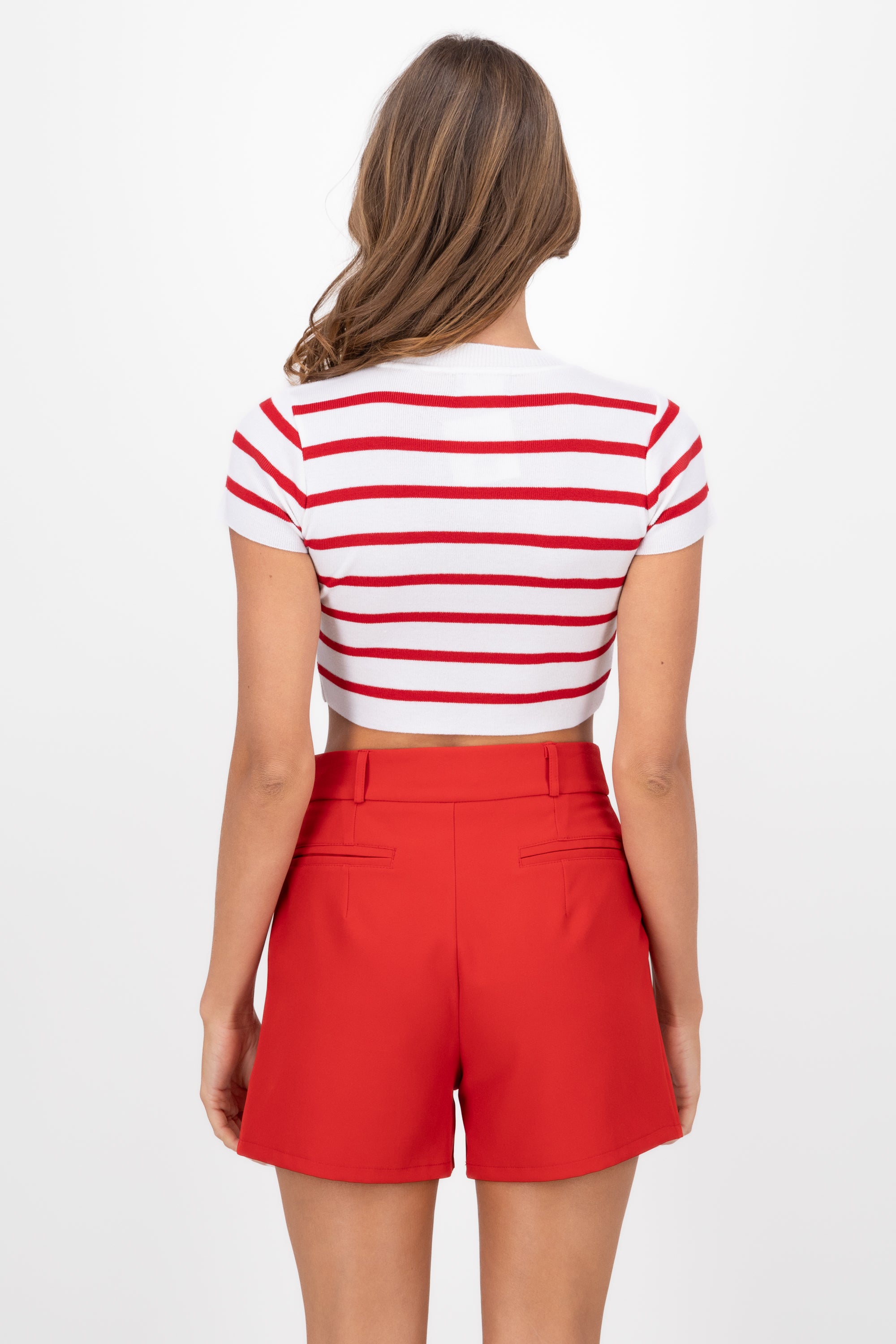 Striped Print Short Sleeve Knit Crop Top RED COMBO