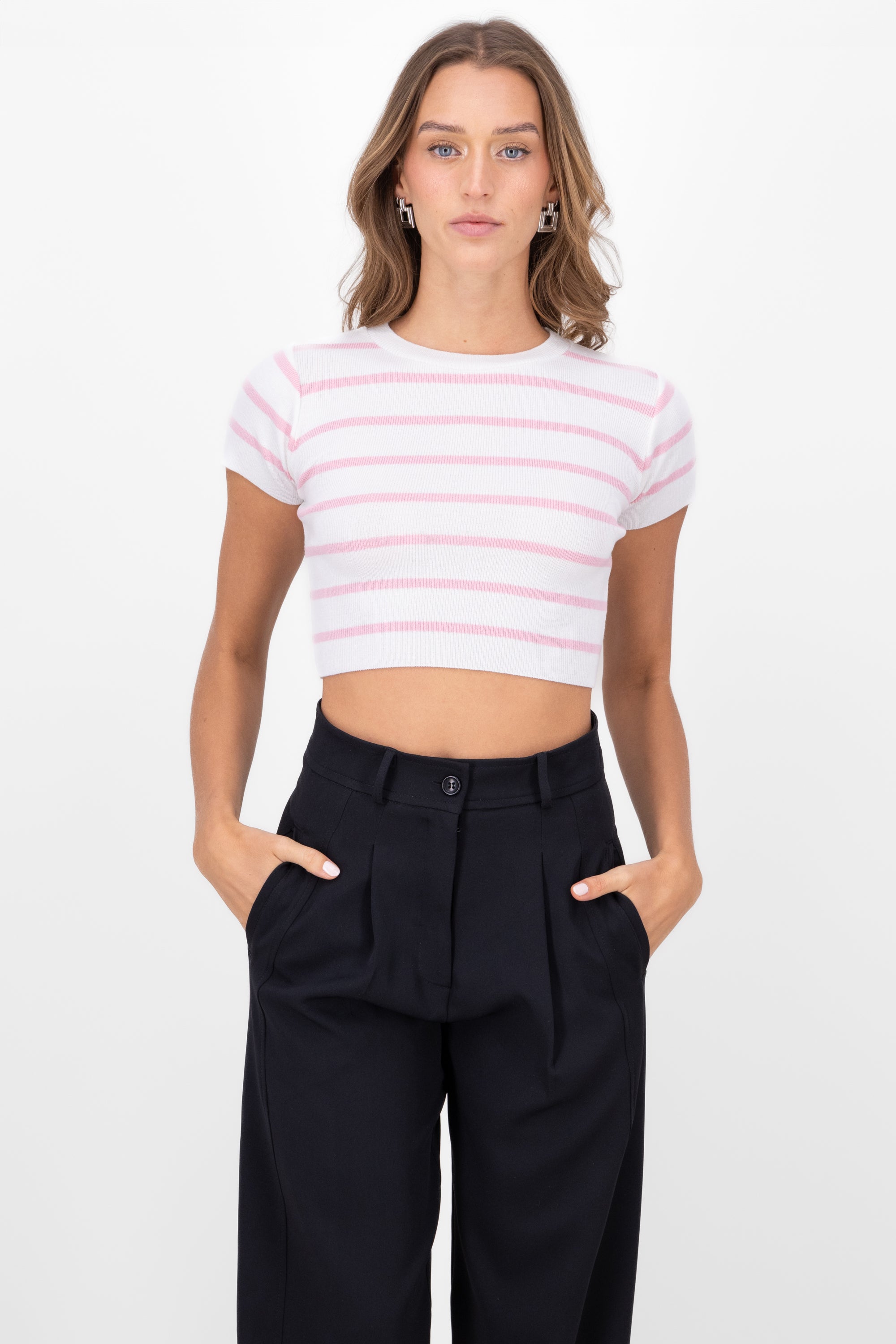 Striped Print Short Sleeve Knit Crop Top ROSEWOOD