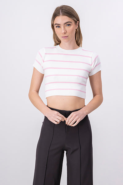 Striped Print Short Sleeve Knit Crop Top PASTEL PINK