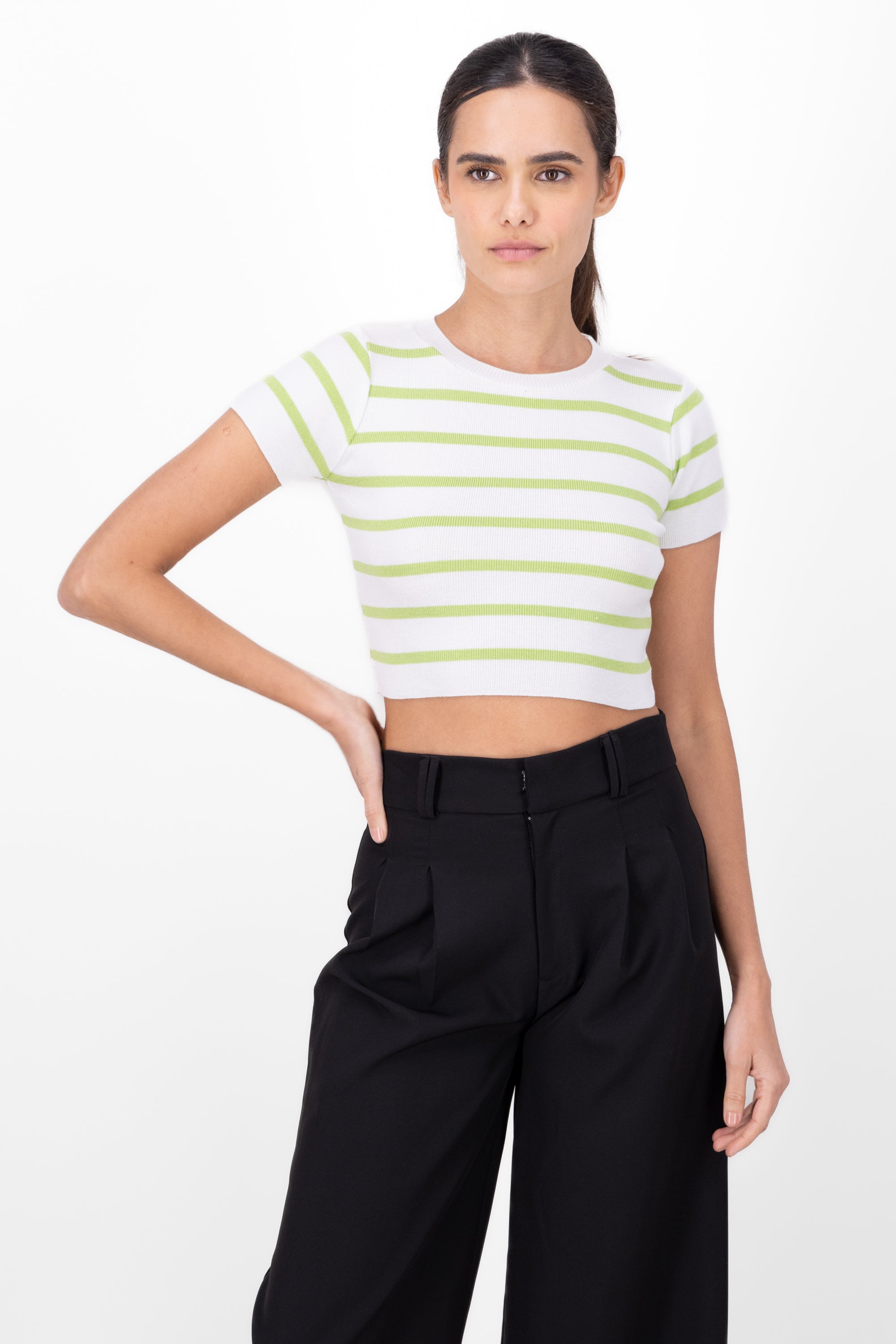 Striped Print Short Sleeve Knit Crop Top GREEN COMBO