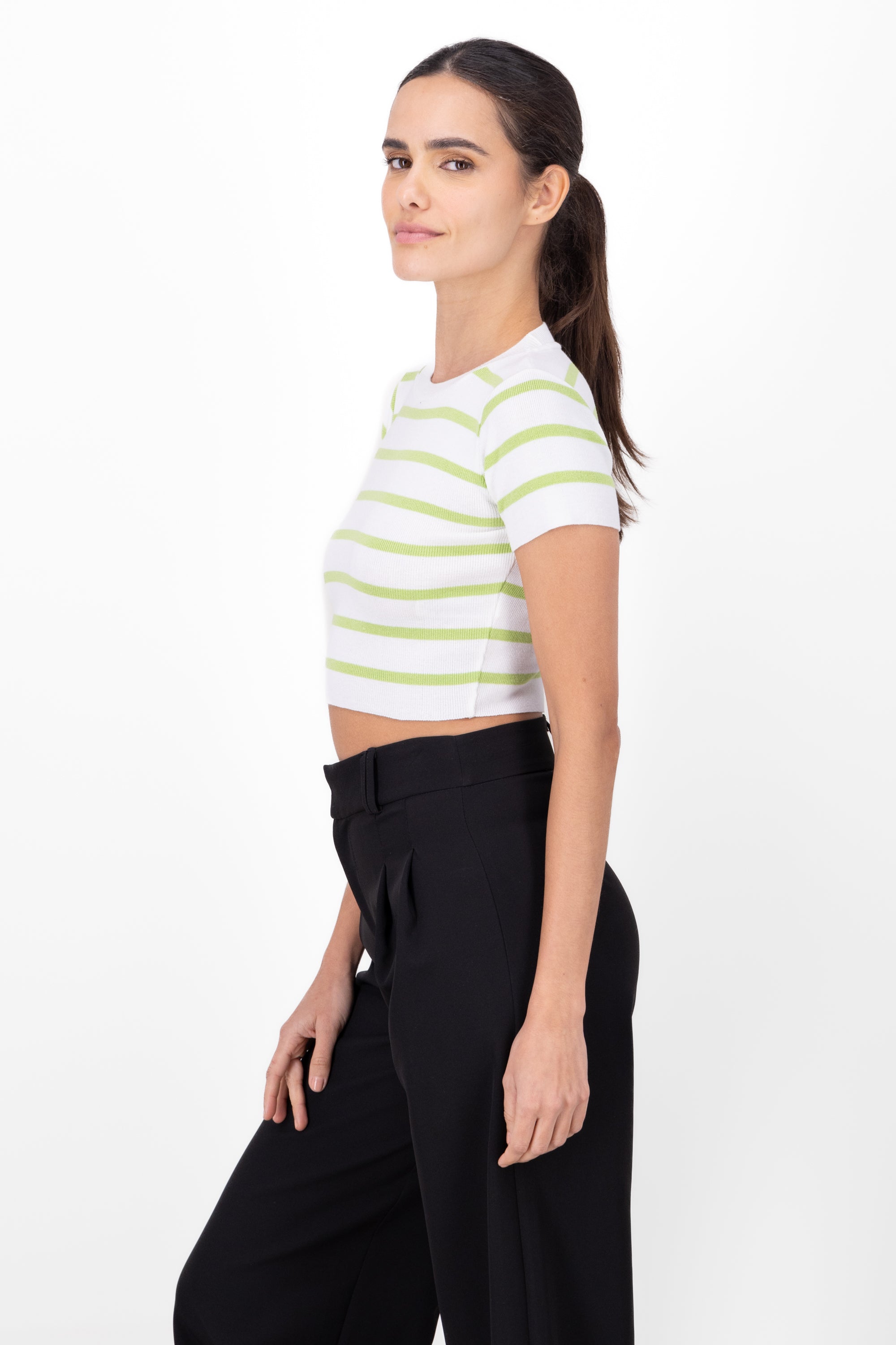 Striped Print Short Sleeve Knit Crop Top GREEN COMBO