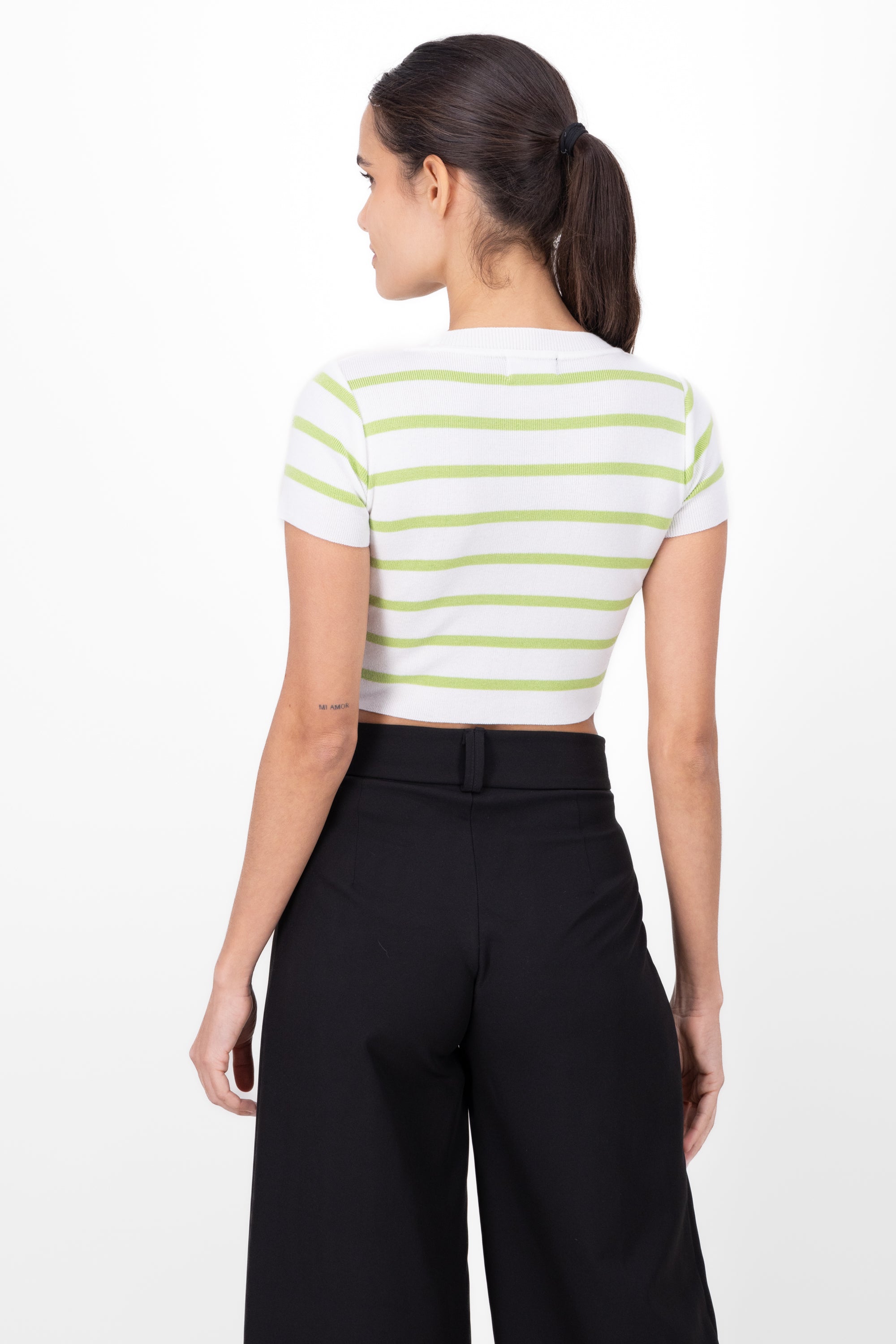 Striped Print Short Sleeve Knit Crop Top GREEN COMBO