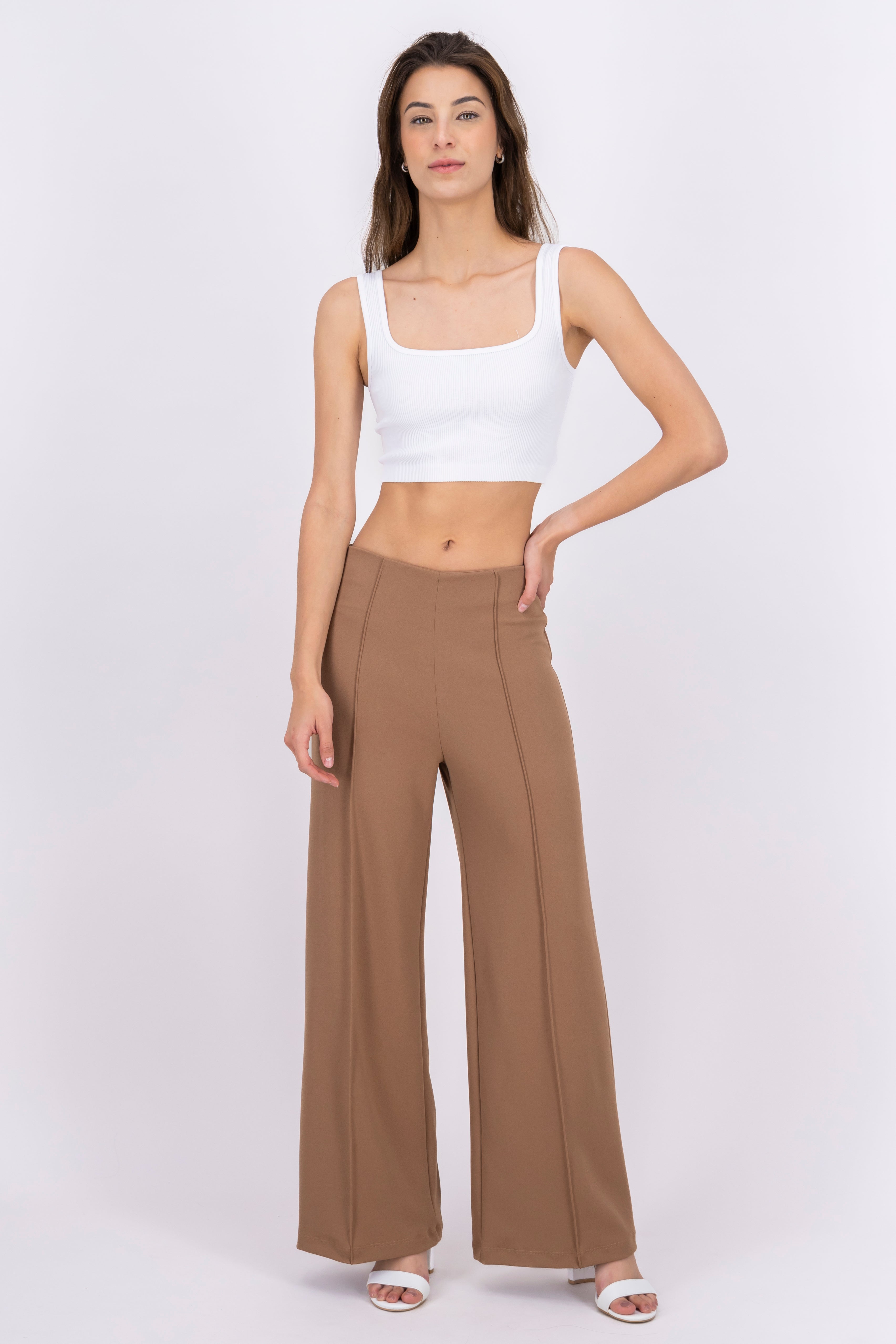 Wid leg pant with front seams BROWN