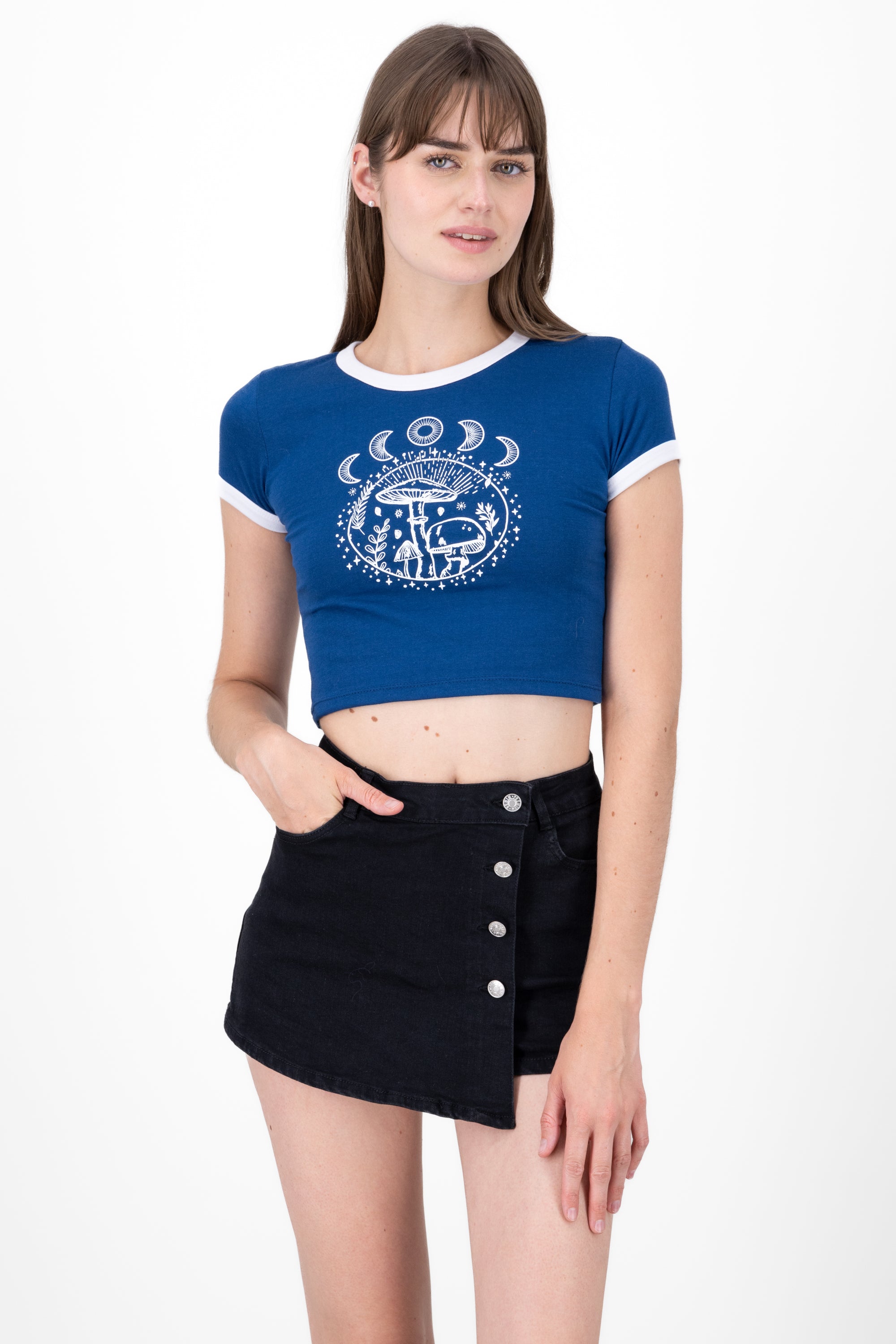 Crop top with mushrooms and moons BLUE