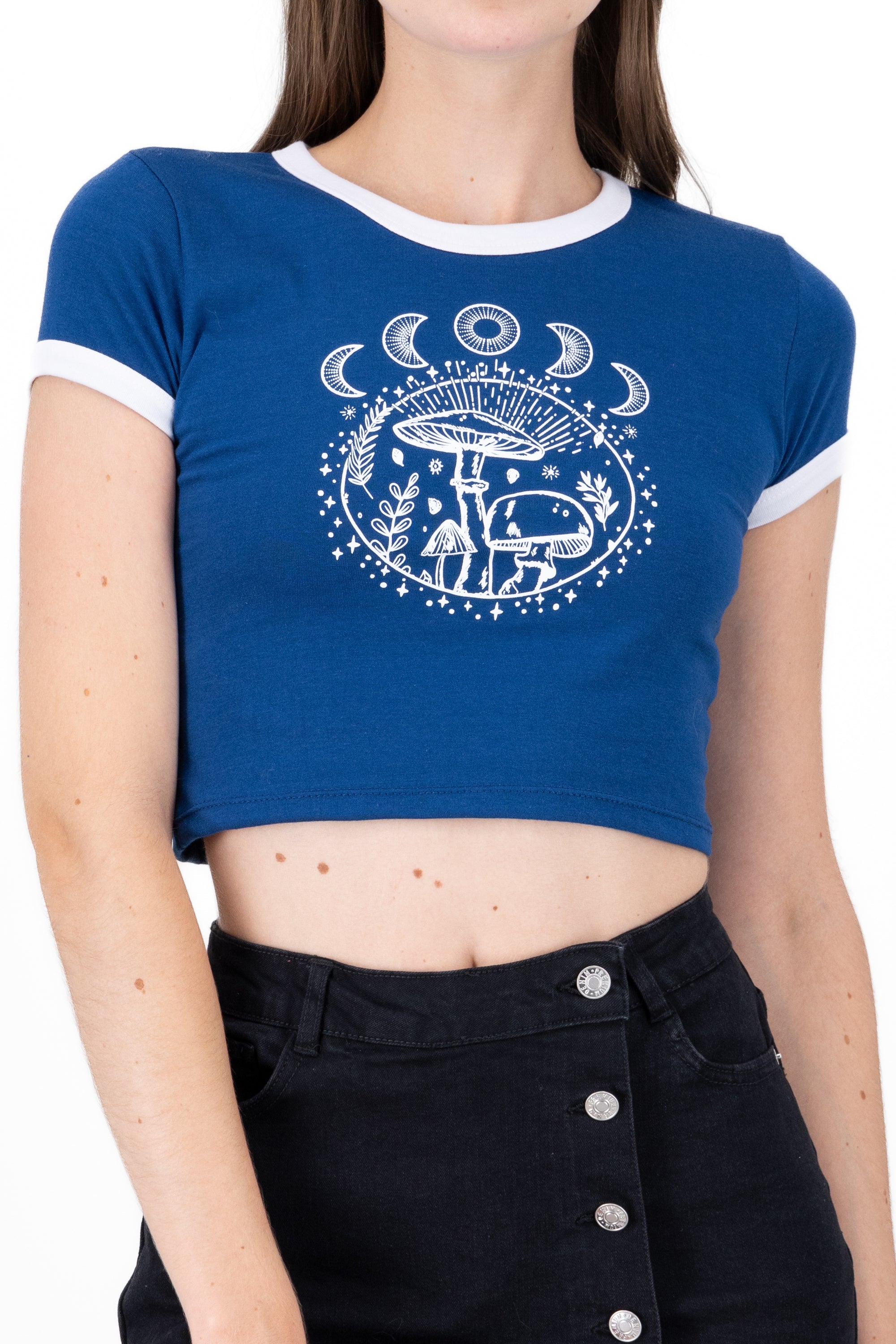 Crop top with mushrooms and moons BLUE