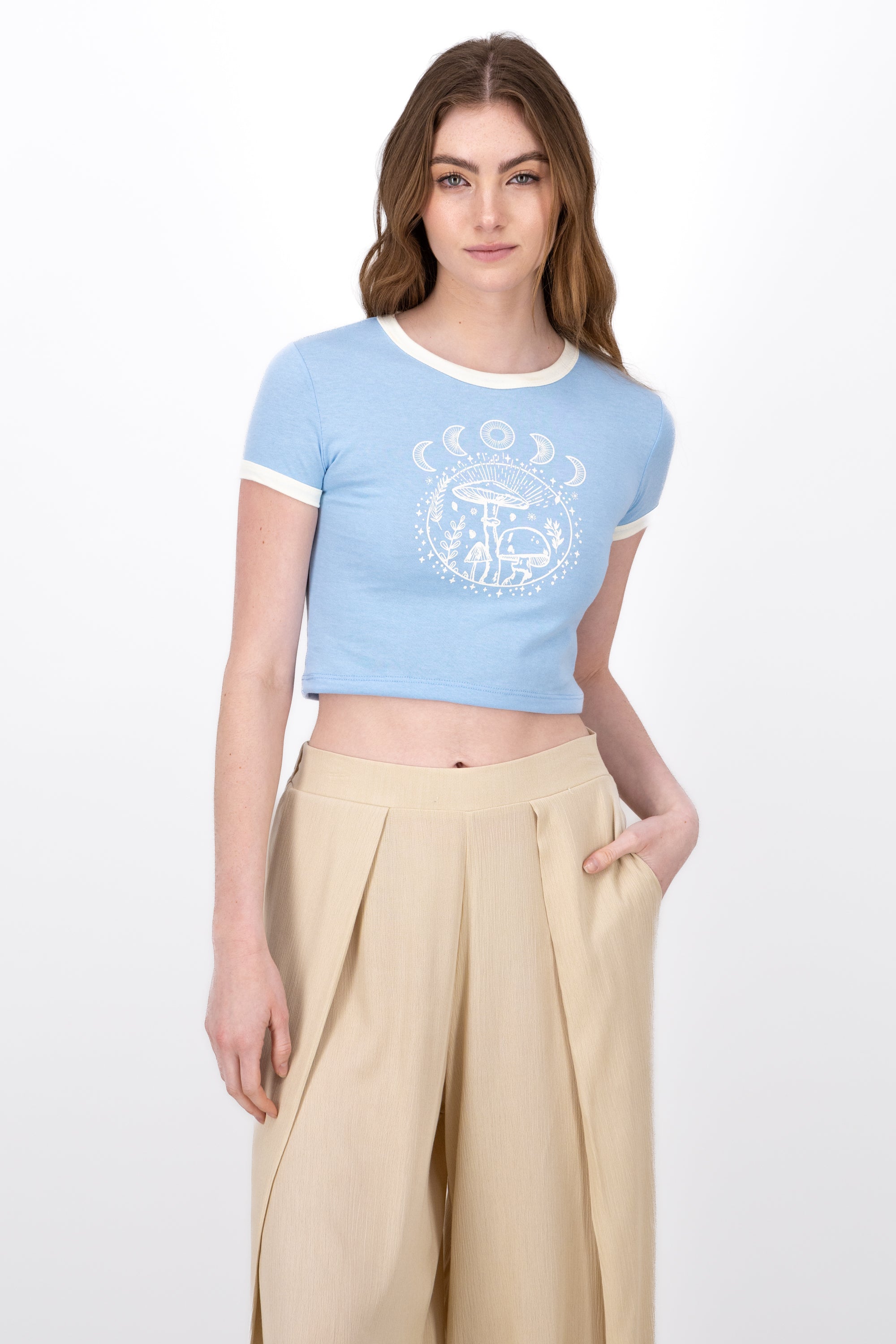 Crop top with mushrooms and moons SKY BLUE