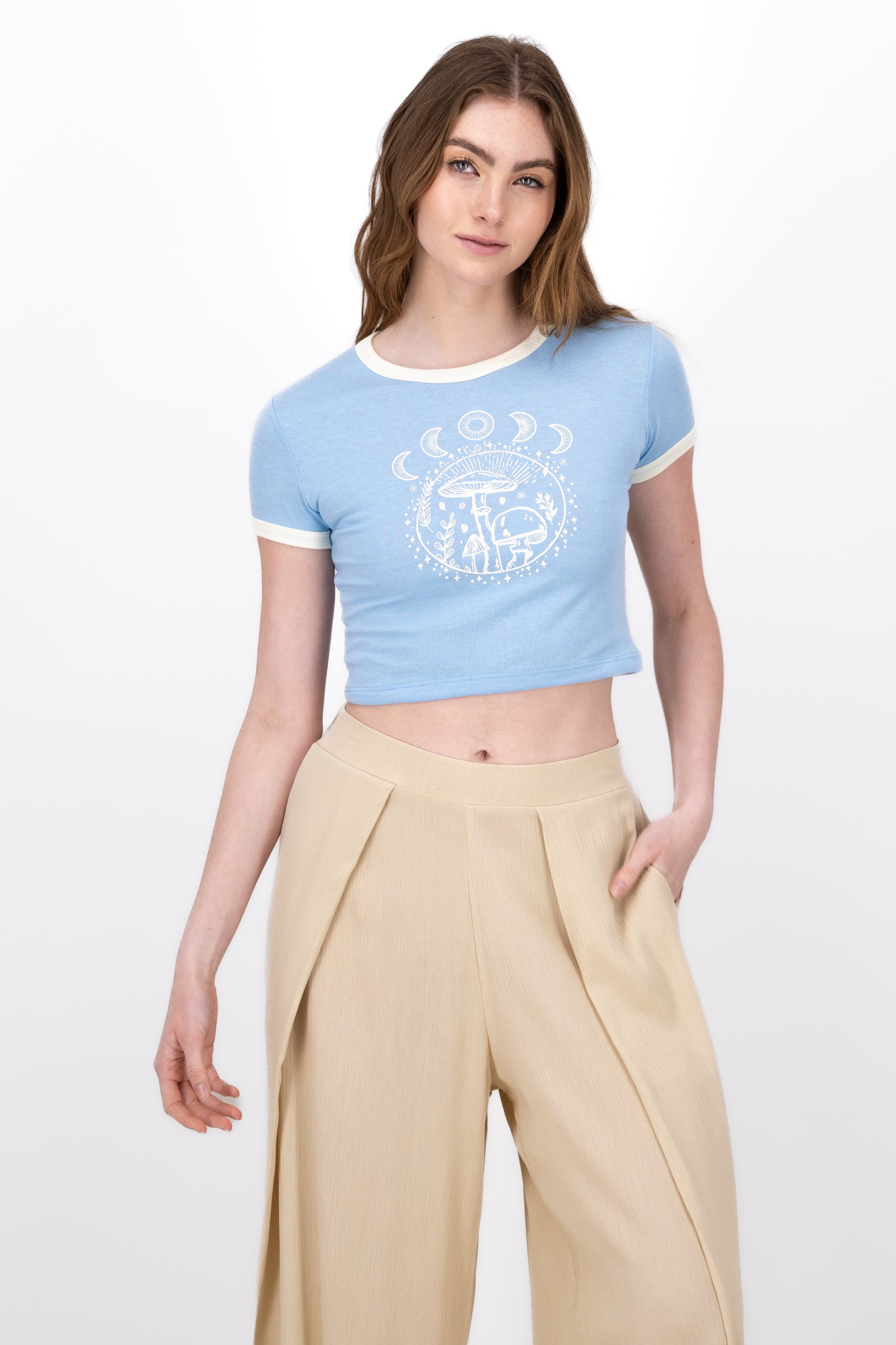 Crop top with mushrooms and moons SKY BLUE