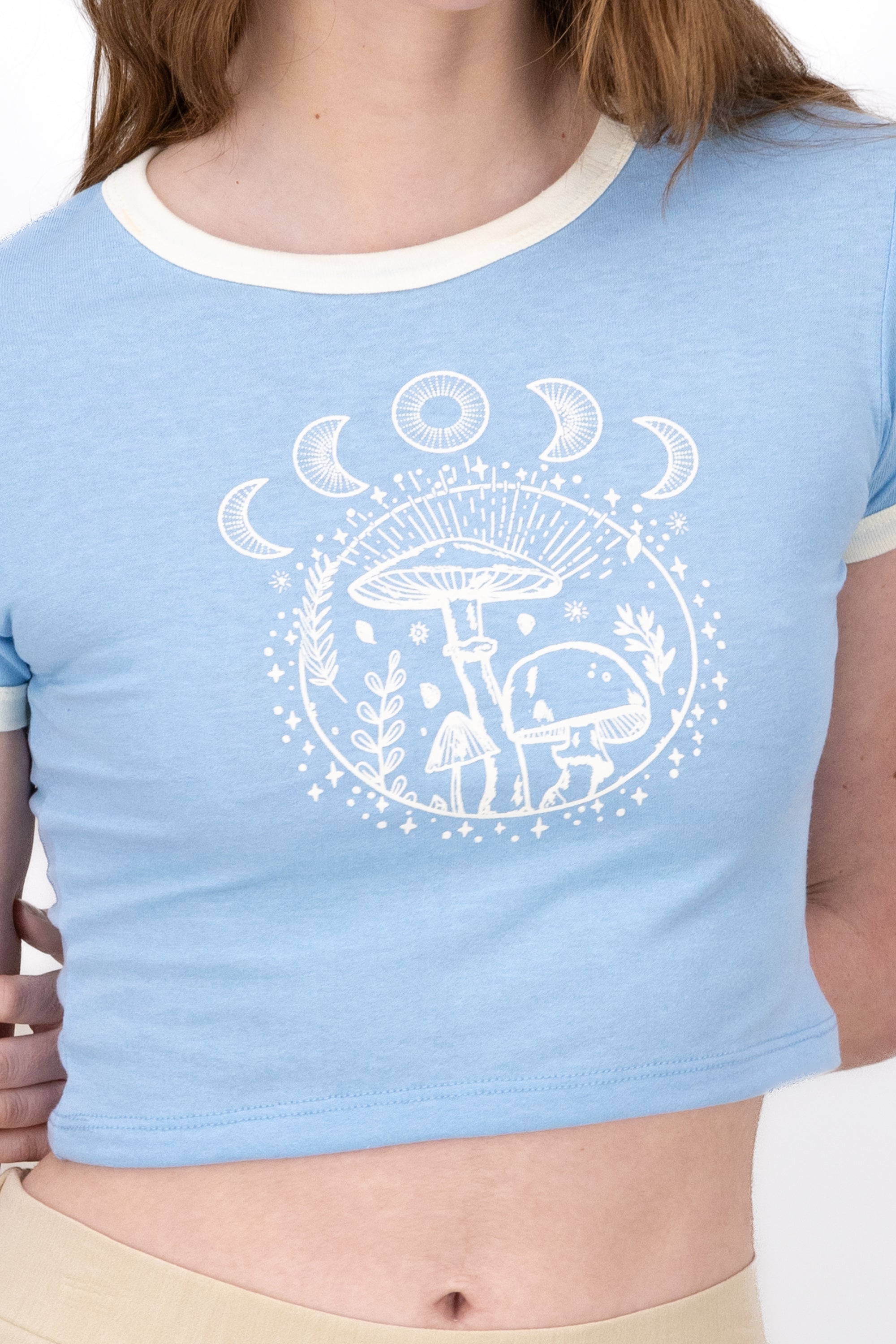 Crop top with mushrooms and moons SKY BLUE