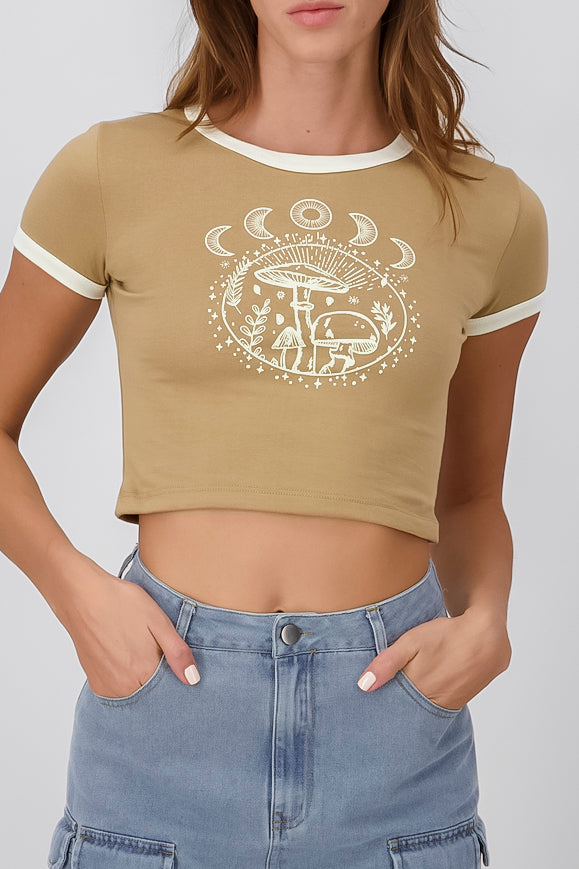 Crop top with mushrooms and moons KHAKI