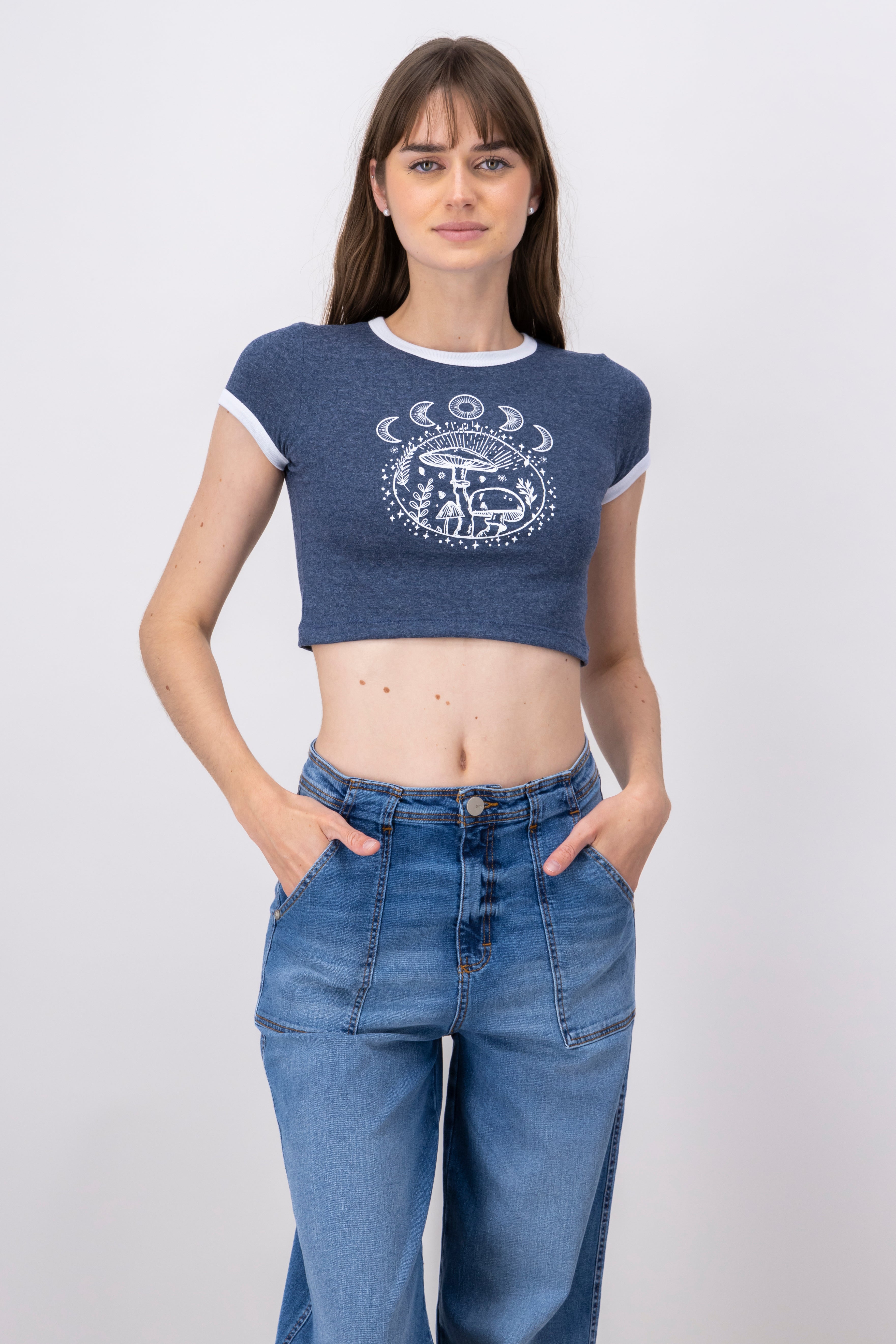 Crop top with mushrooms and moons INDIGO