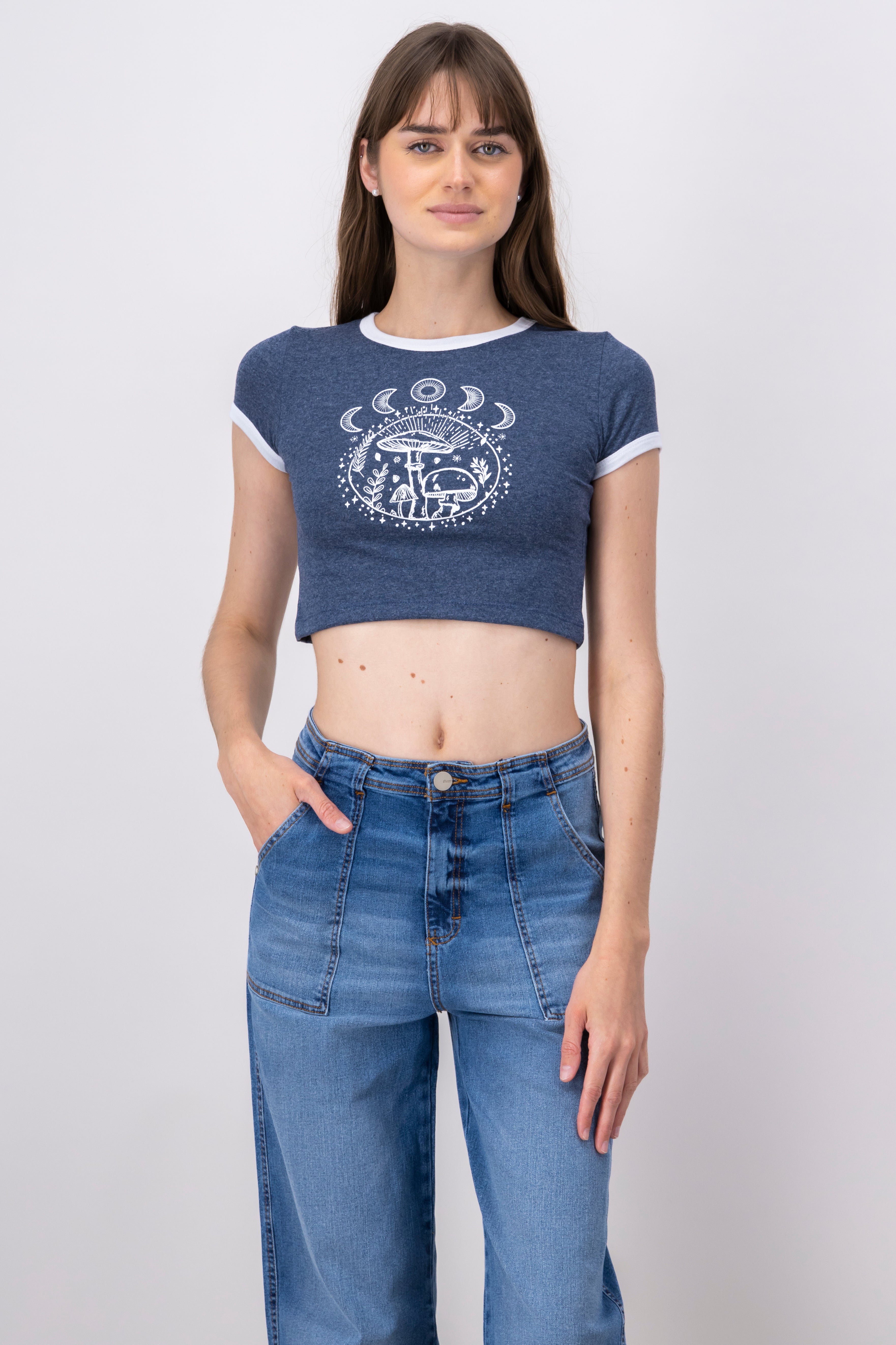 Crop top with mushrooms and moons INDIGO