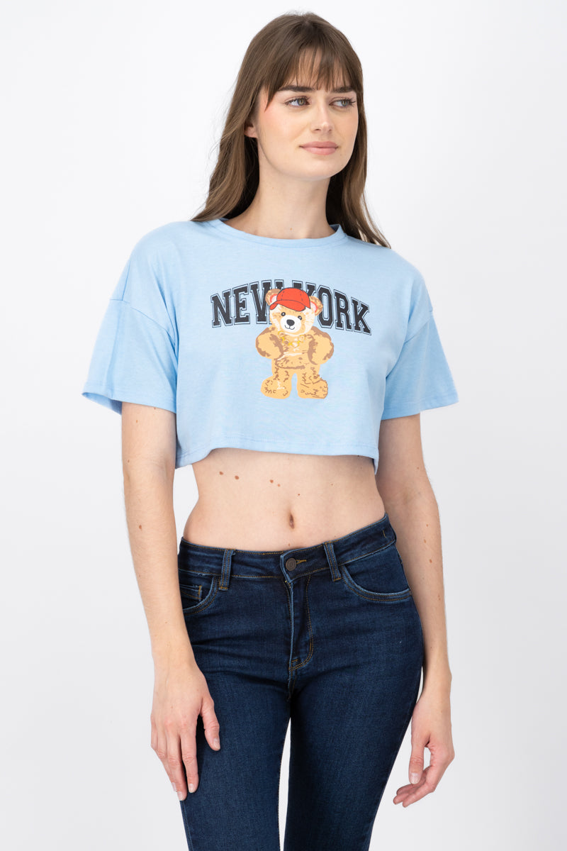 Crop top with New York bear print SKY BLUE