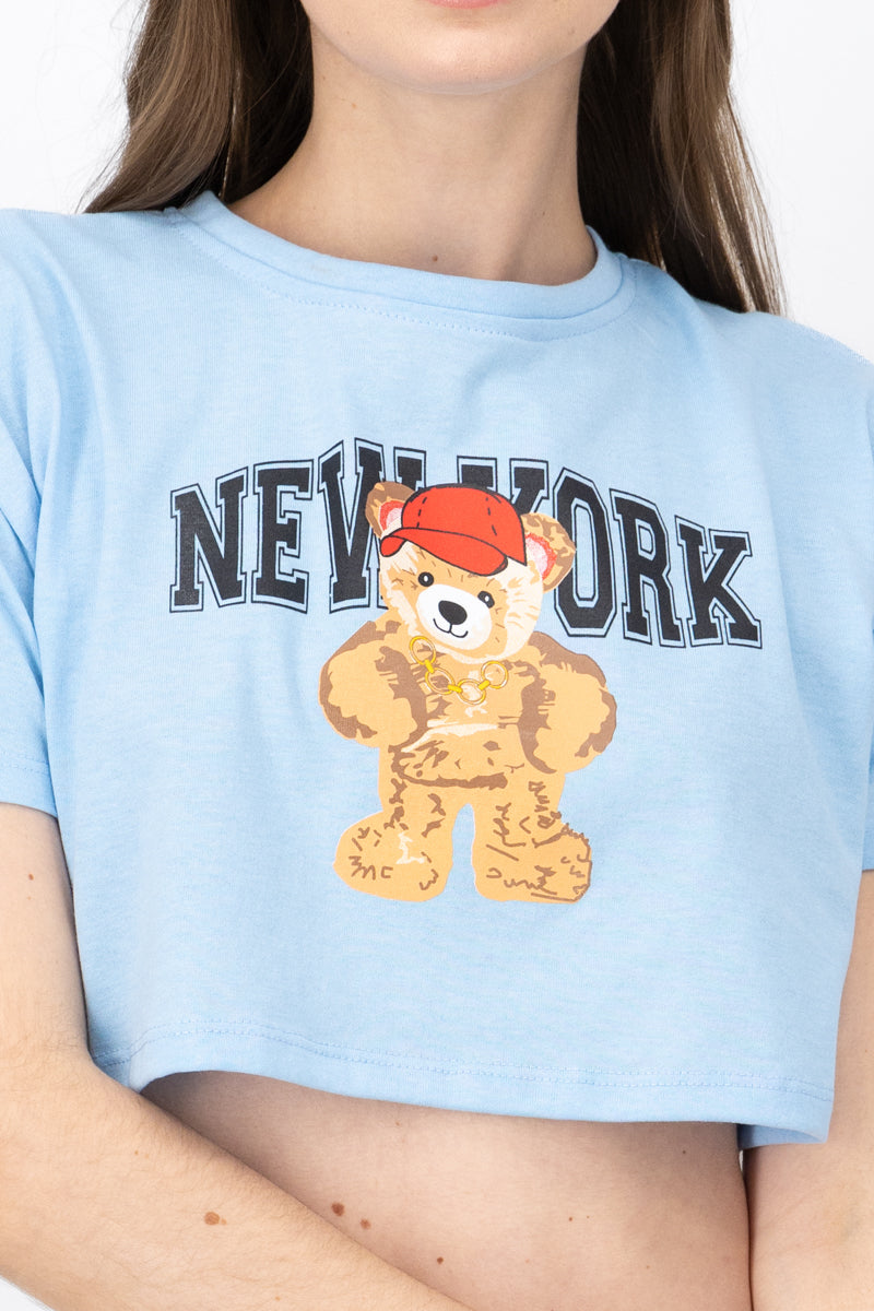 Crop top with New York bear print SKY BLUE