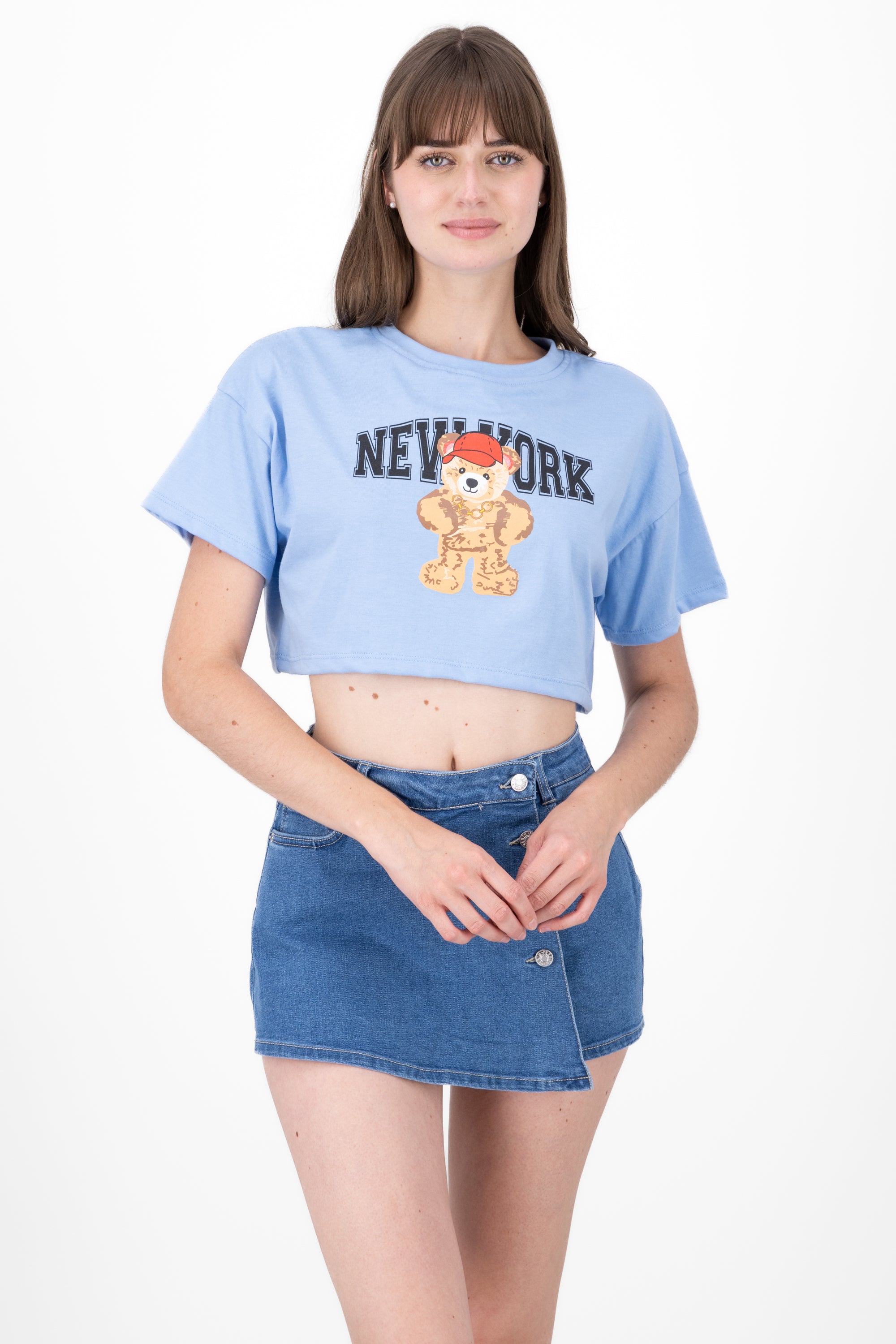 Crop top with New York bear print PASTEL BLUE